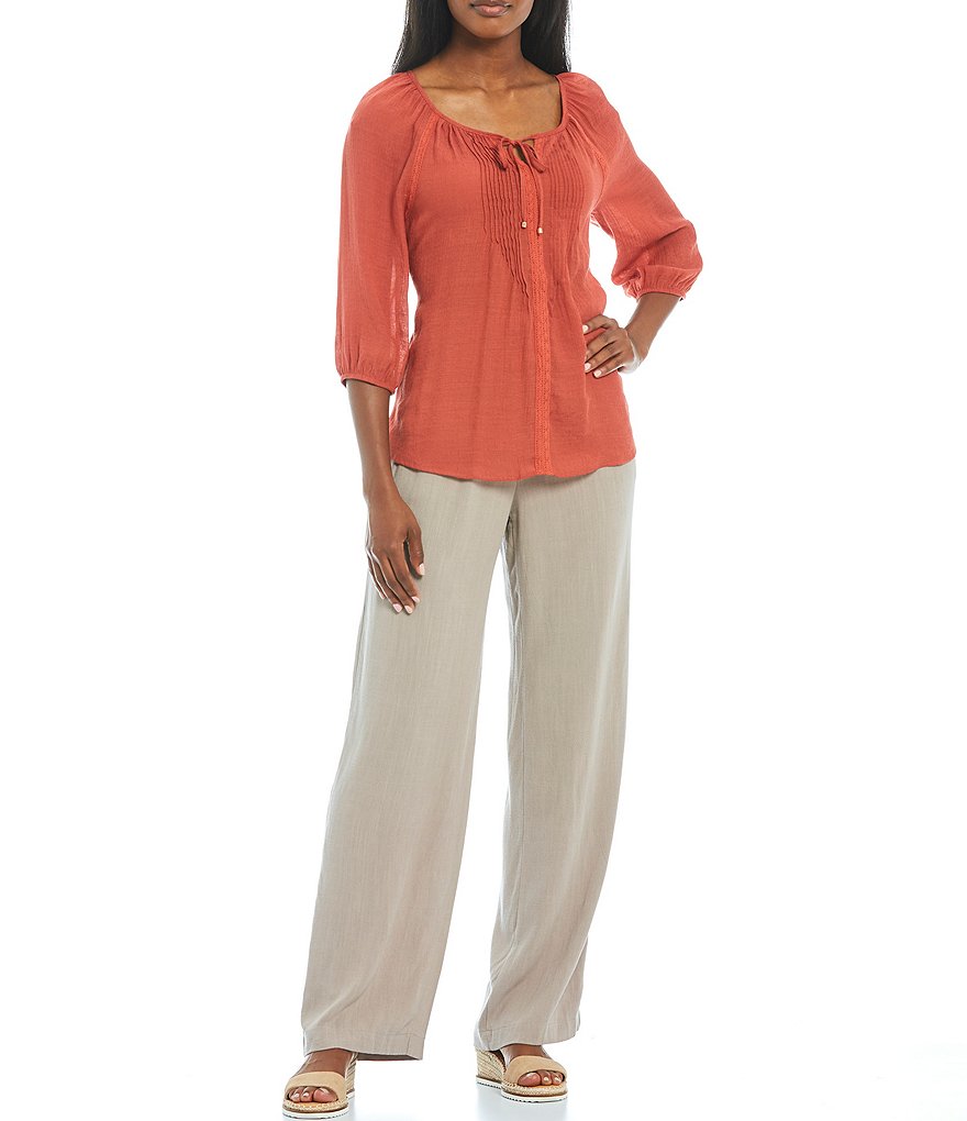 I.N. Studio Lace Trim Tie Scoop Neck Pintuck Detail 3/4 Sleeve Peasant Top