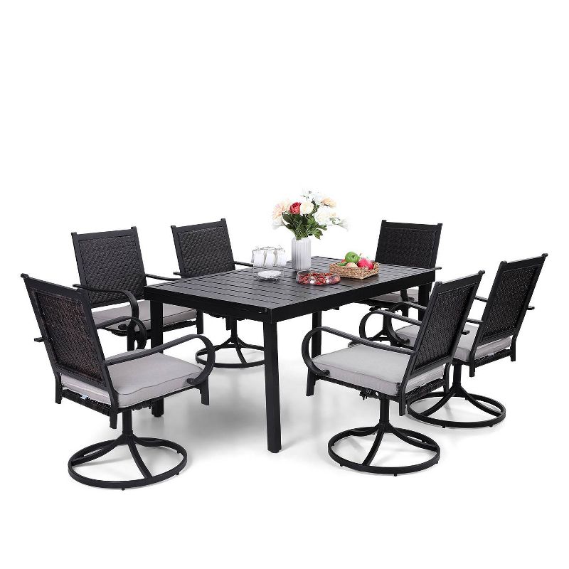 7pc Patio Dining Set with 360 Swivel Chairs with Cushions and Rectangle Concertina Steel Table - Captiva Designs