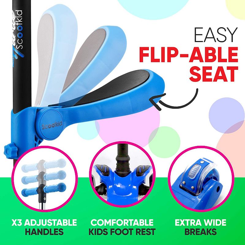 Hurtle ScootKid 3 Wheel Toddler Child Mini Ride On Toy Tricycle Scooter with Adjustable Handlebar, Foldable Seat, and Colorful Light Up Wheels, Blue