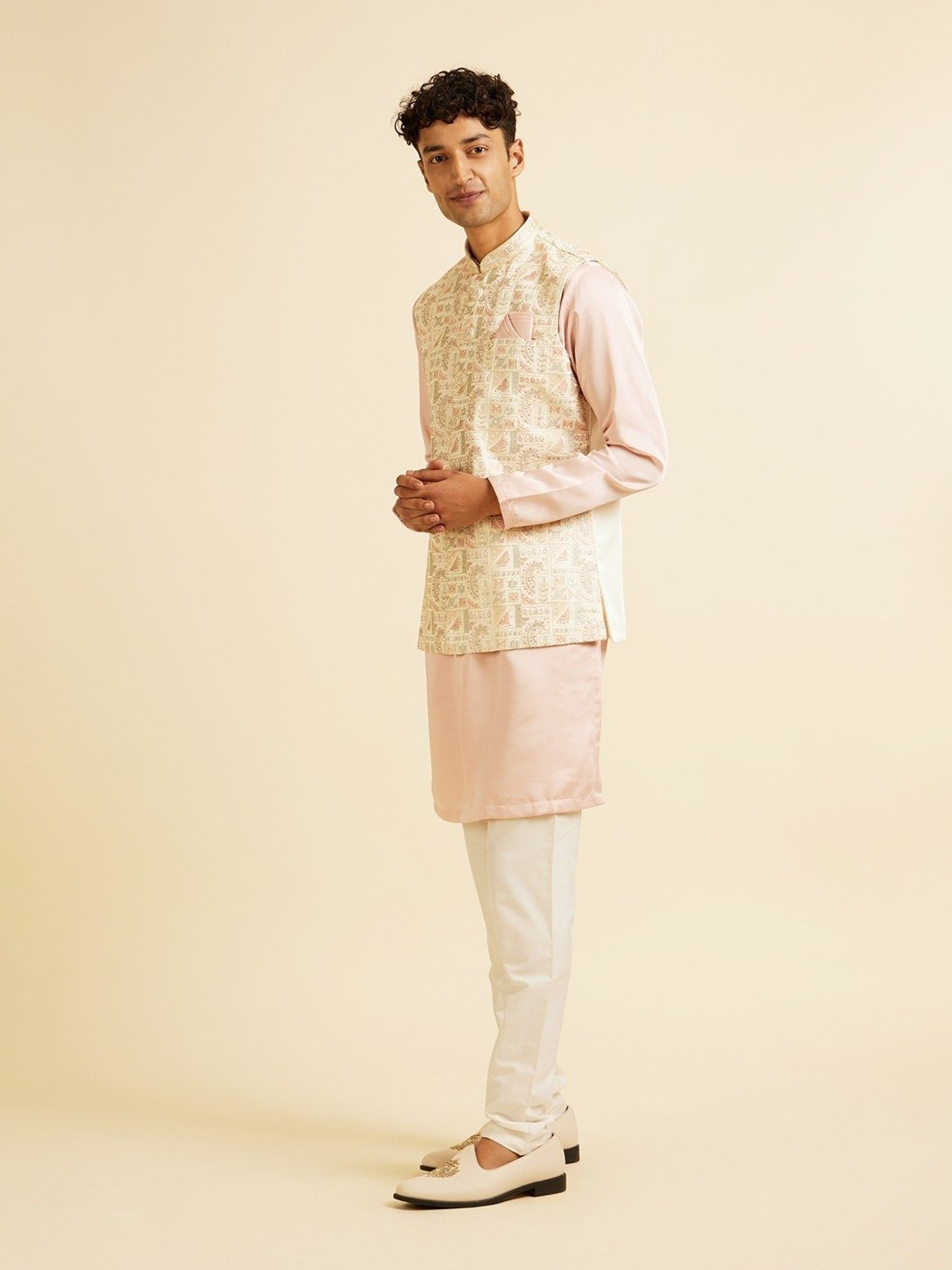 Manyavar Cream Satin Regular Fit Printed Nehru Jacket