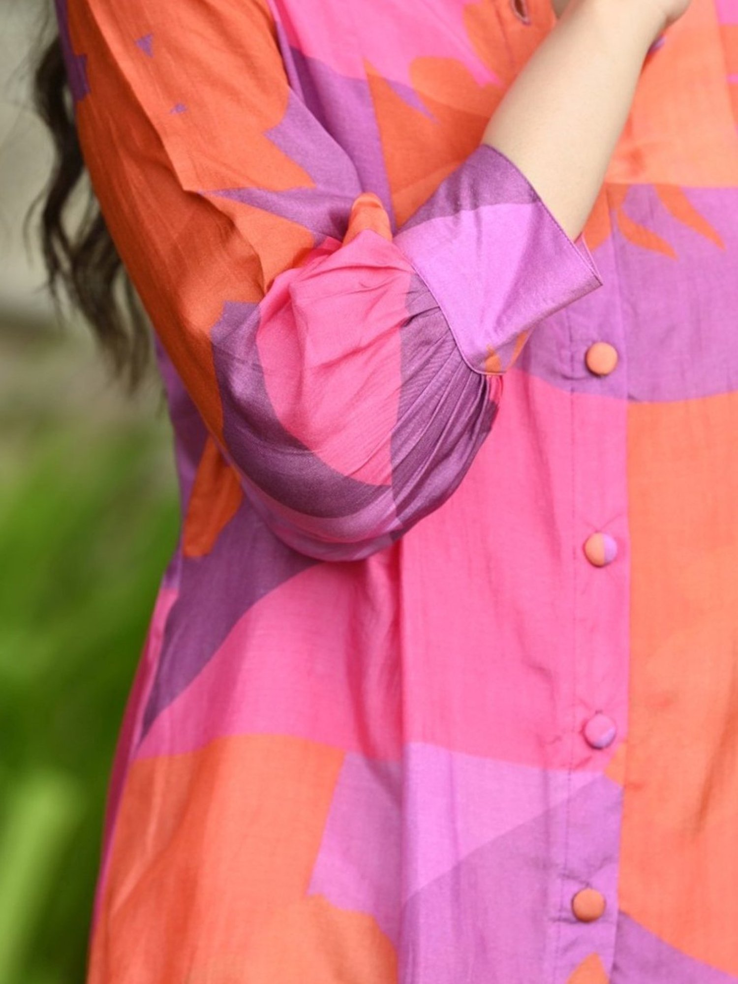 Mahee Jaipur Purple & Orange Purple and Orange Geometric Botanic design Shirt with Pant Co-ord Set