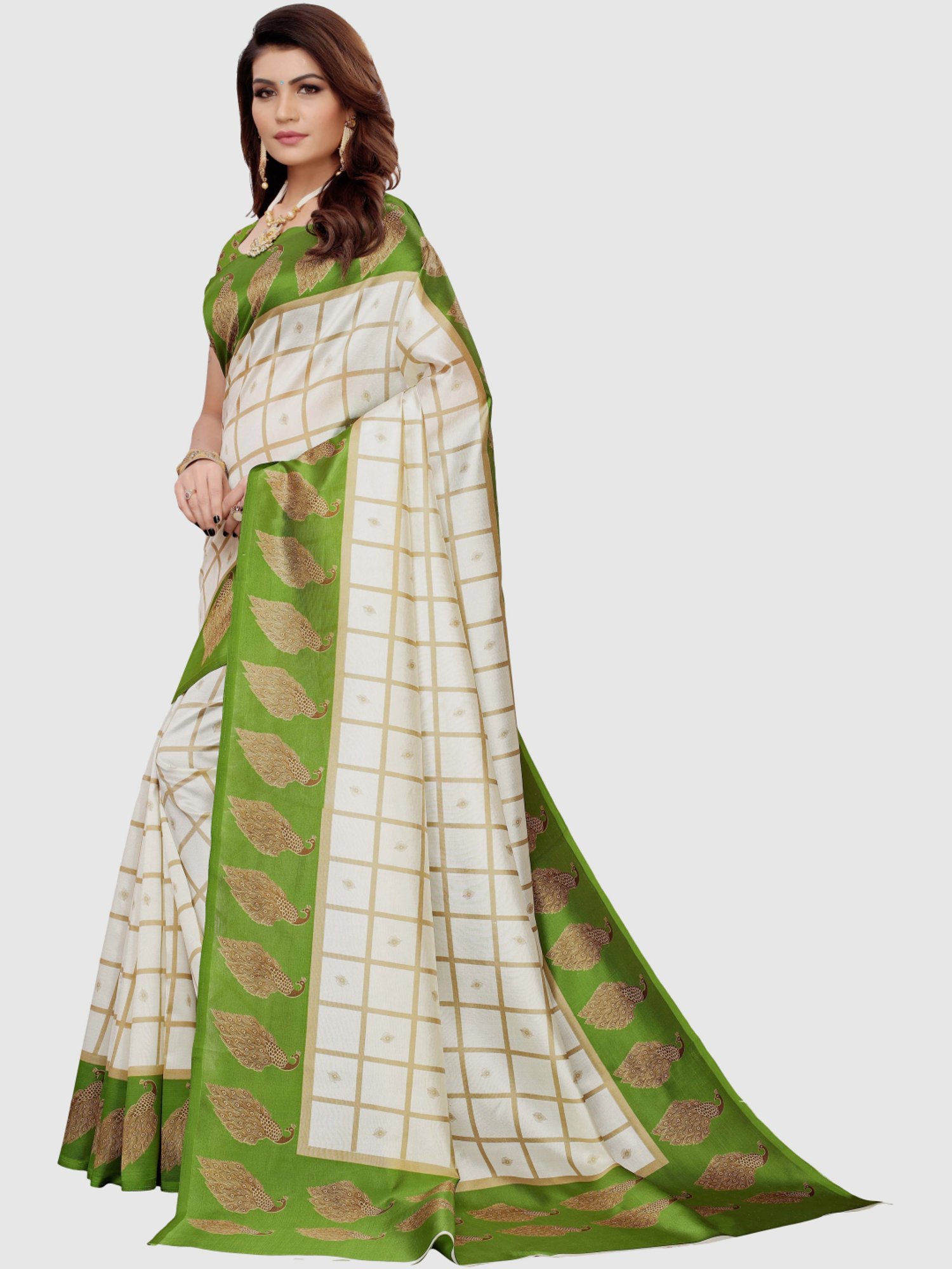 KSUT Off-White & Green Printed Saree With Blouse