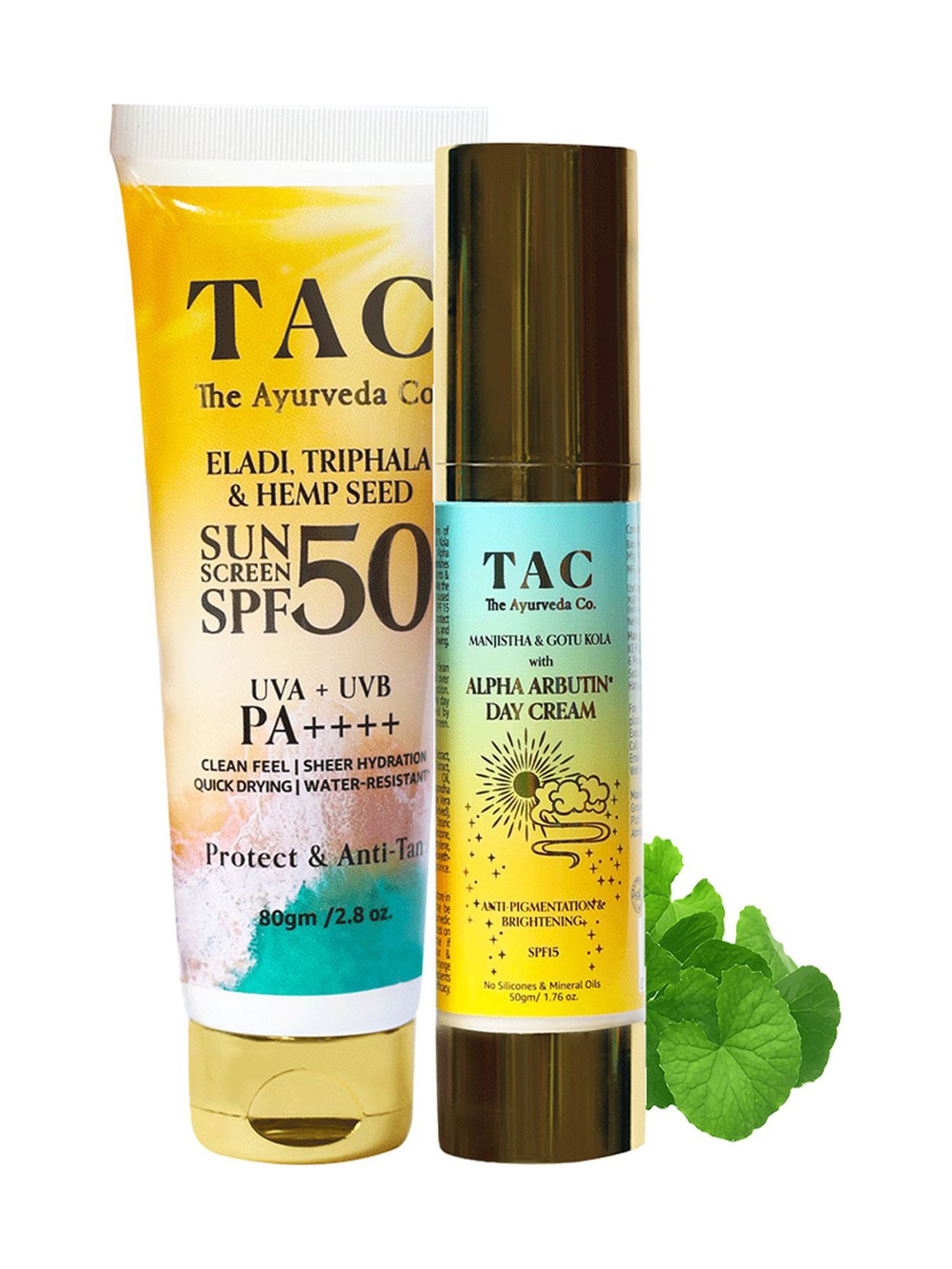 TAC - The Ayurveda Co. Day Cream SPF 15 & Eladi, Triphala & Hemp Seed SPF 50 Sunscreen