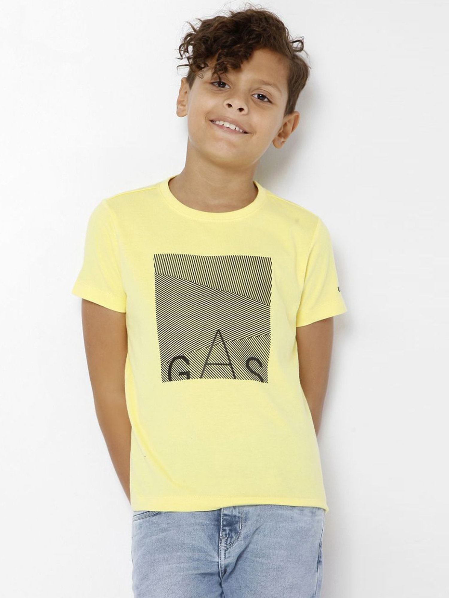 Gas Kids Yellow Cotton Printed T-Shirt