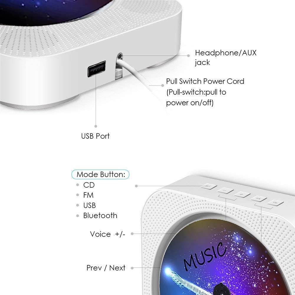 AONCO Portable CD Player, Bluetooth Wall Mountable CD Music Player Home Audio Boombox with Remote Control FM Radio Built-in HiFi Speakers, MP3 Headphone Jack AUX Input Output, White