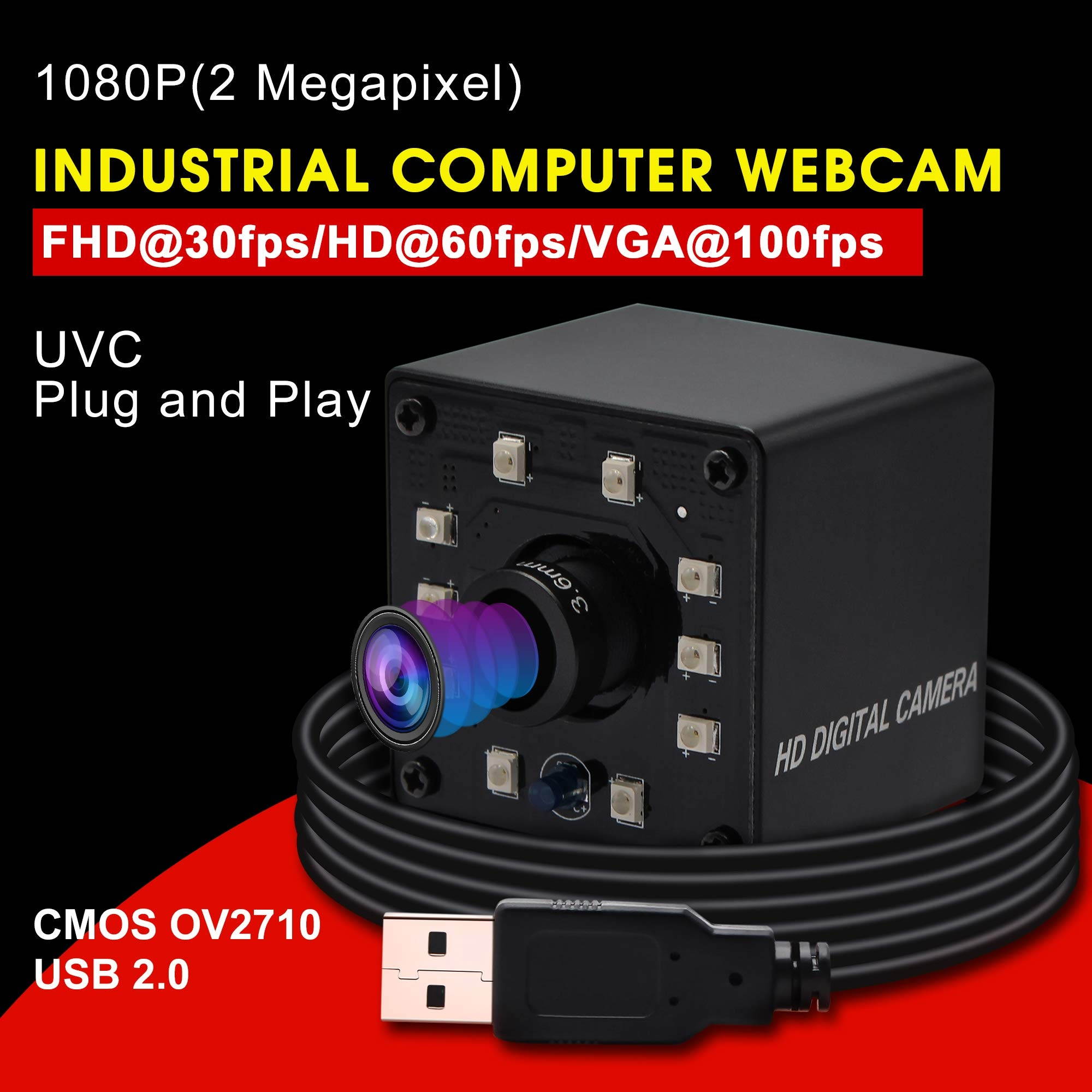 100fps Night Vision USB Camera 1/2.7" CMOS OV2710 Web Cam Full HD 1080P USB with Camera Mini Infrared USB2.0 Webcam with IR Cut and 10pcs Led Board,Webcamera with 3.6mm Lens for Android Windows