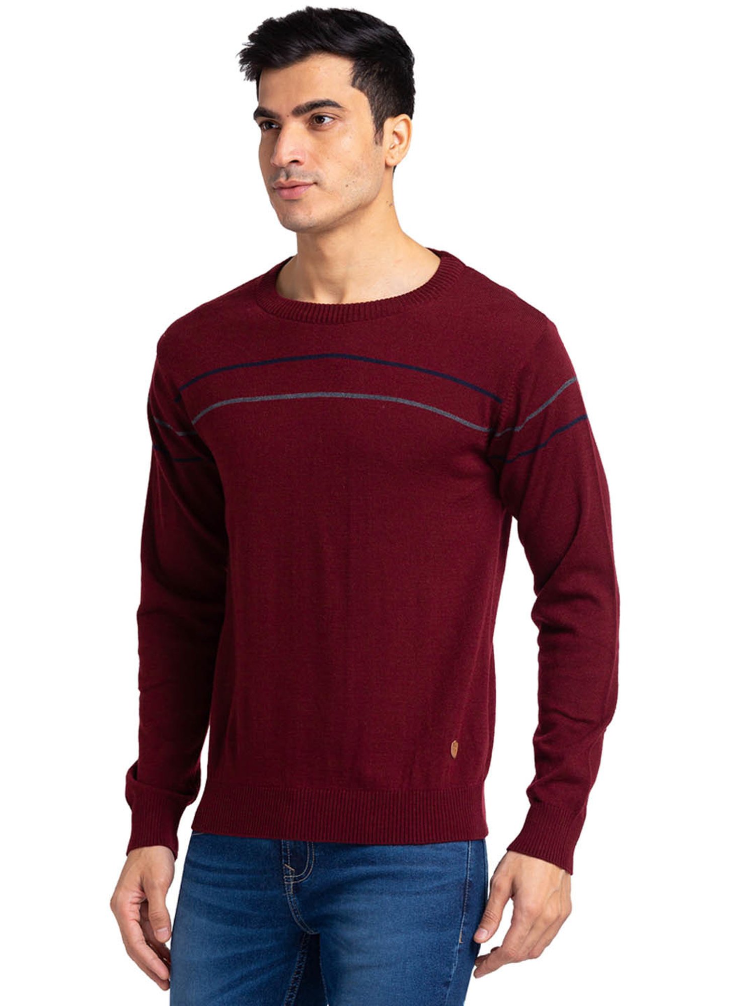 Raymond Maroon Regular Fit Striped Sweater