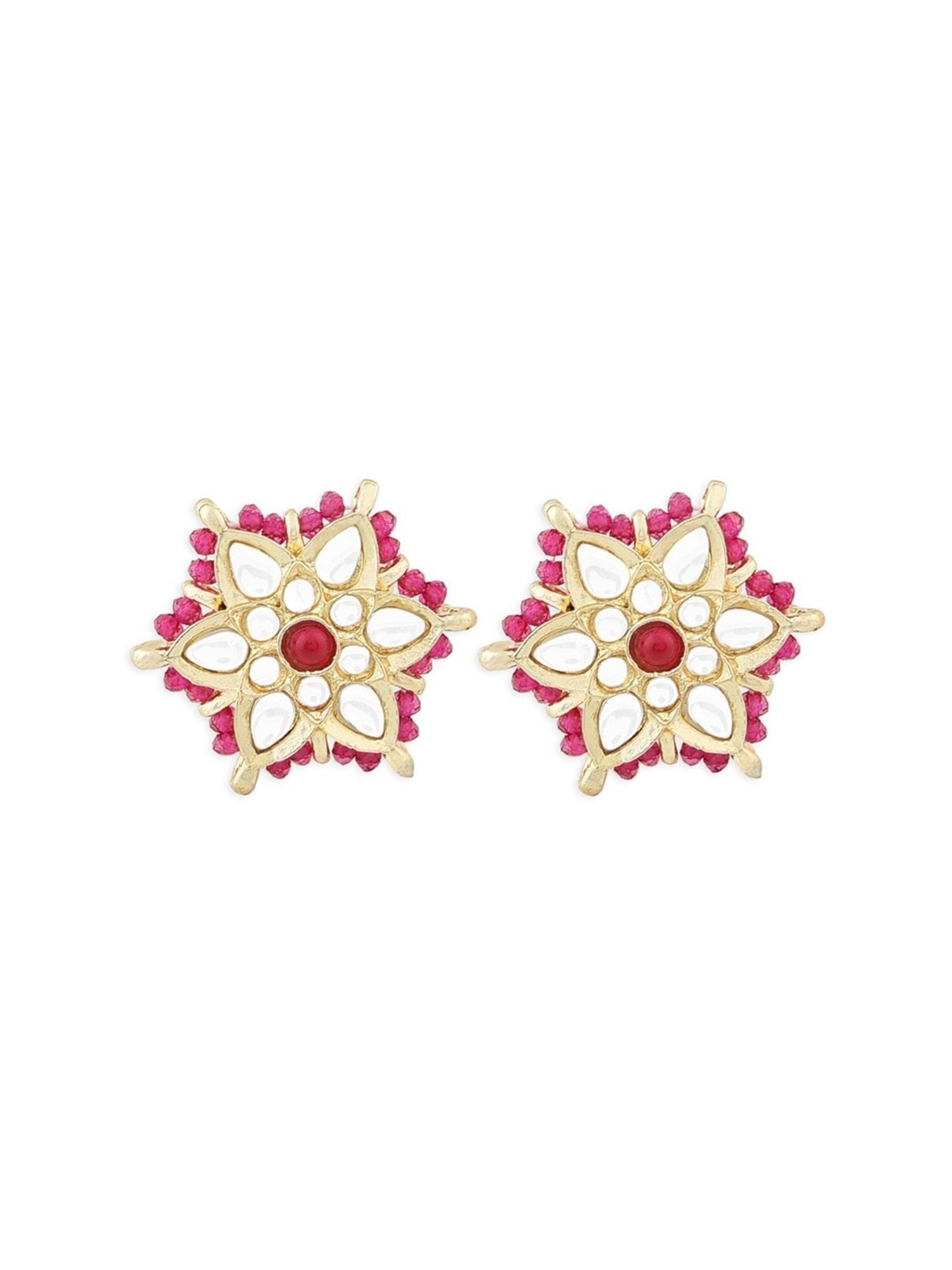 Zaveri Pearls Pink Crystal Beaded Ethnic Kundan Necklace, Earring & Ring Set