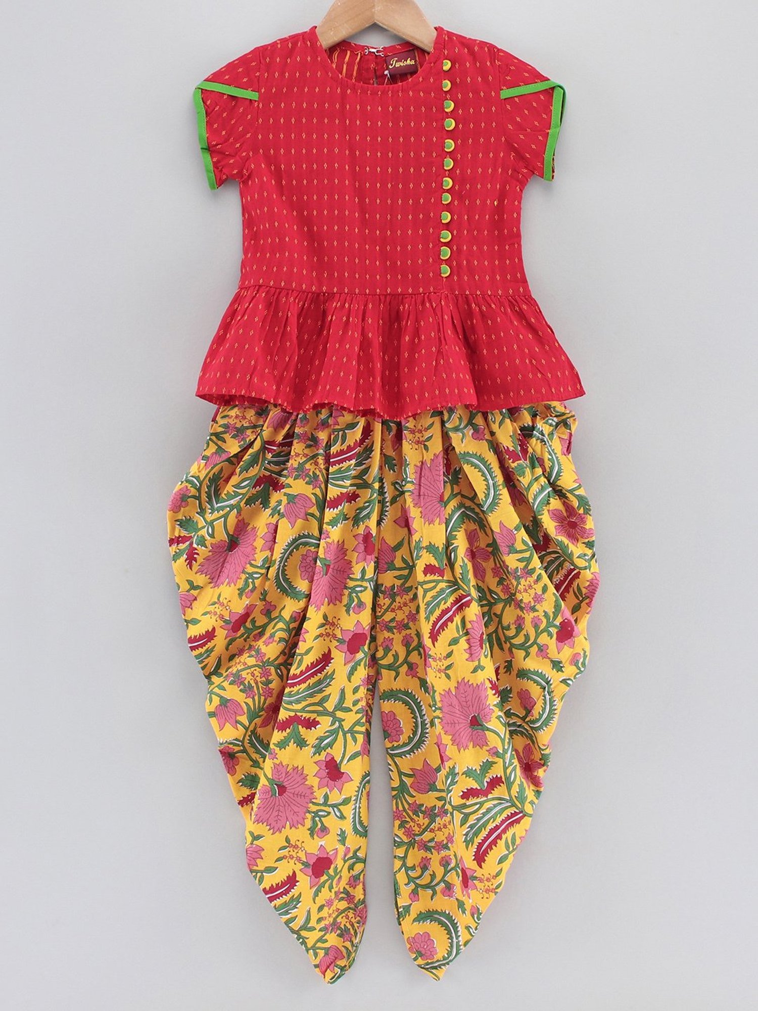 TWISHA Kids Red & Yellow Self Design Top with Dhoti