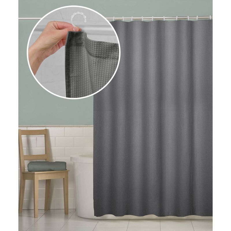 Smart Shower Curtains Waffle Fabric With Attached Hooks Rich Charcoal - Maytex