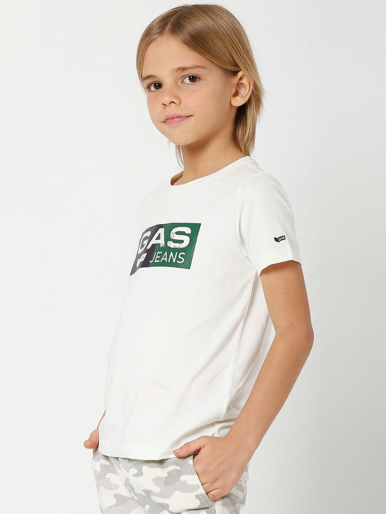 Gas Kids White Printed T-Shirt