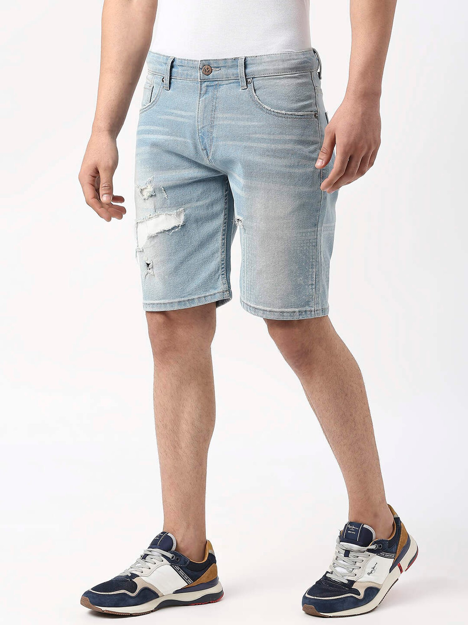 Pepe Jeans Light Blue Regular Fit Distressed Denim Shorts