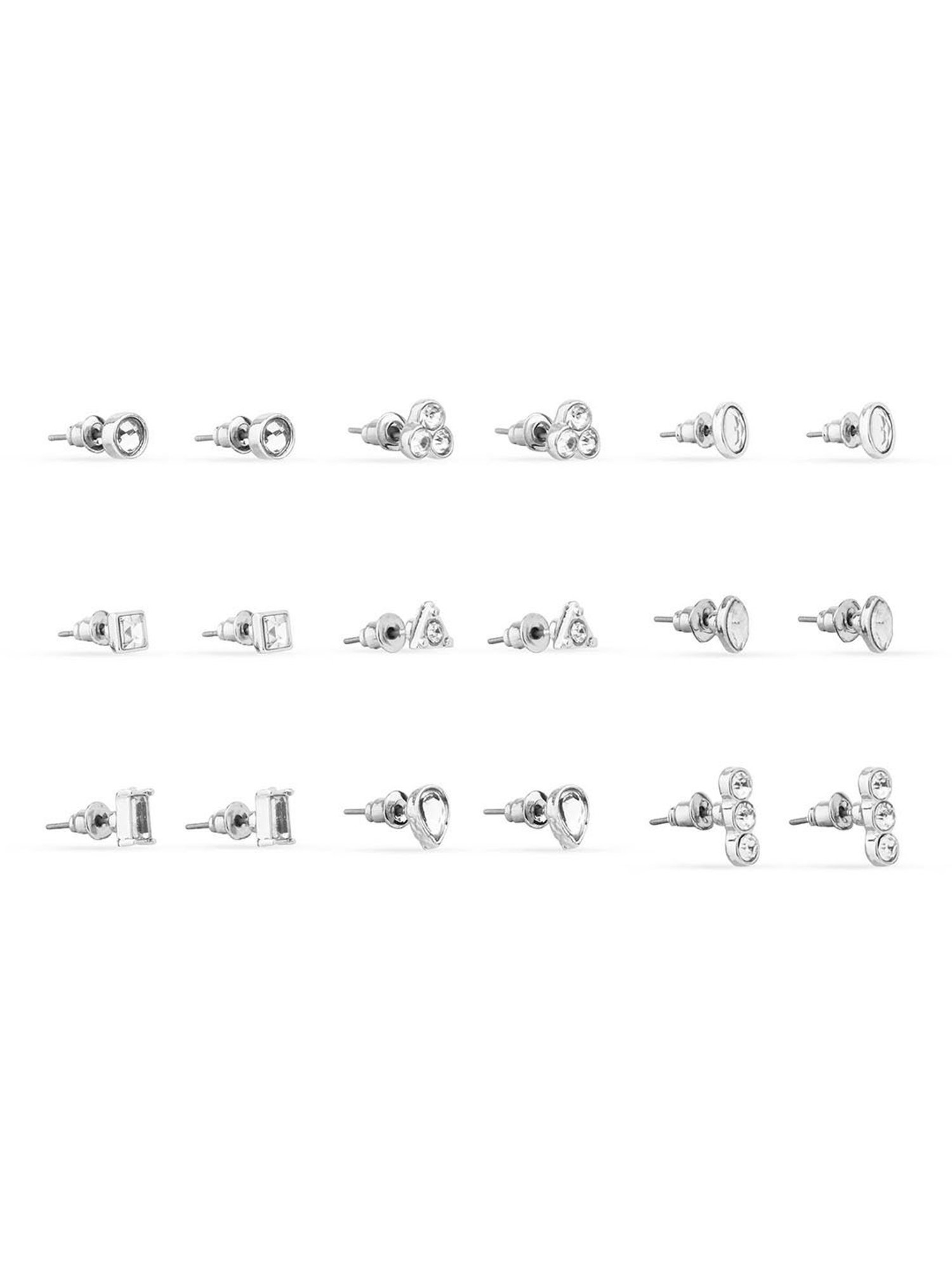 ToniQ Silver Plated Stud Earrings For Women - Set Of 9