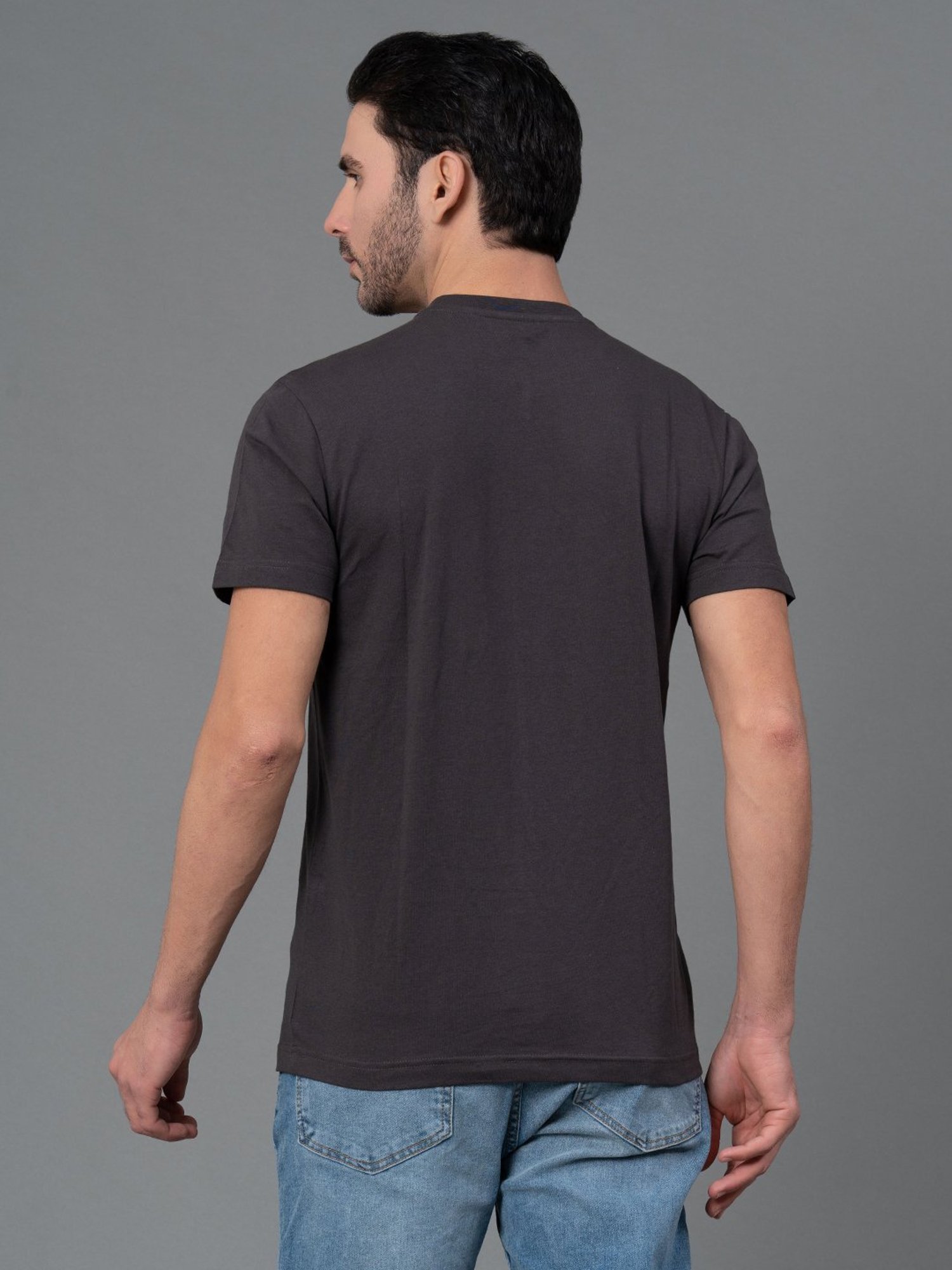 Red Tape Dark Grey Regular Fit Graphic Print Cotton Crew T-Shirt