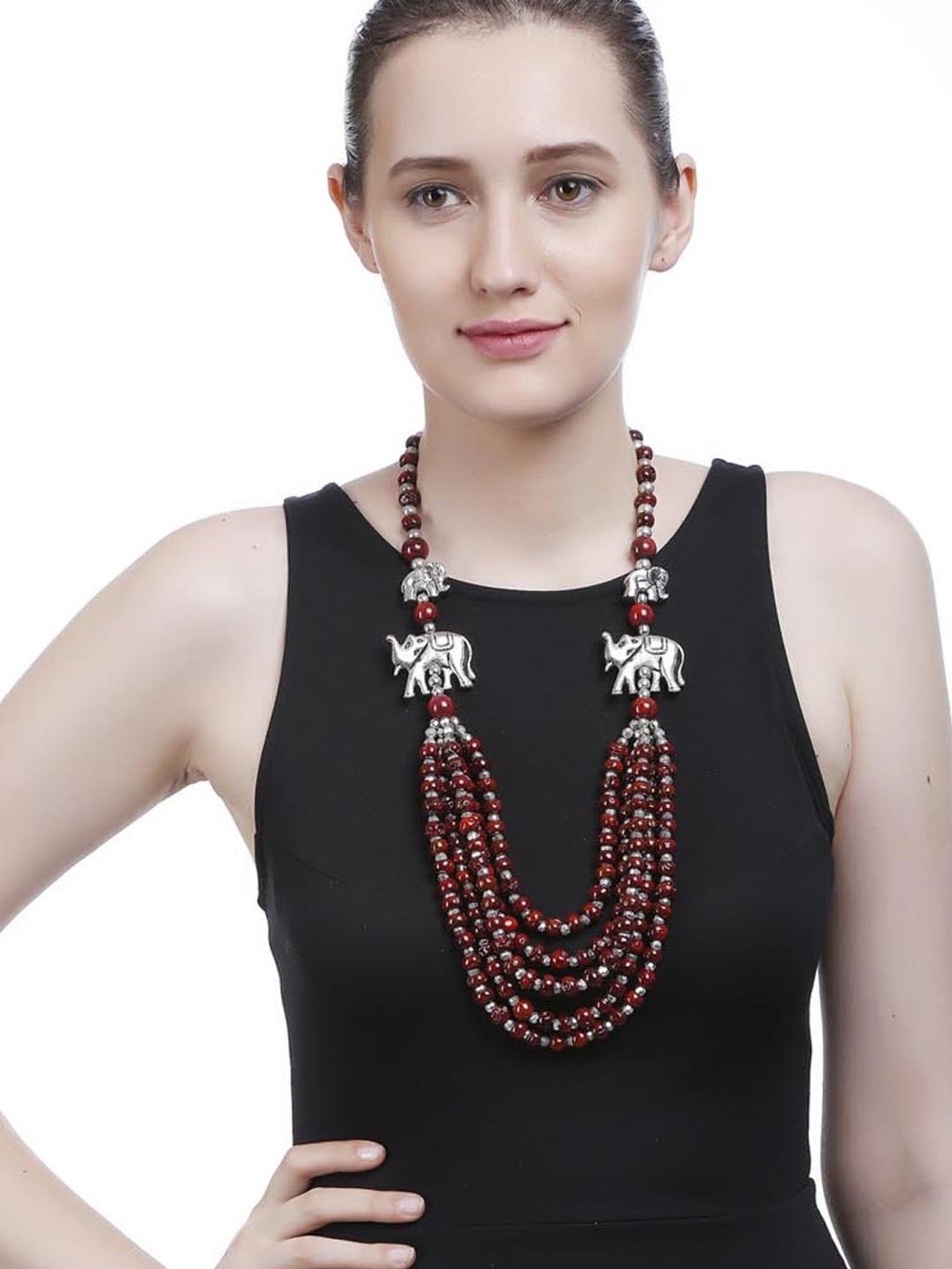 Imli Street Elephant Design Maroon & Silver Necklace