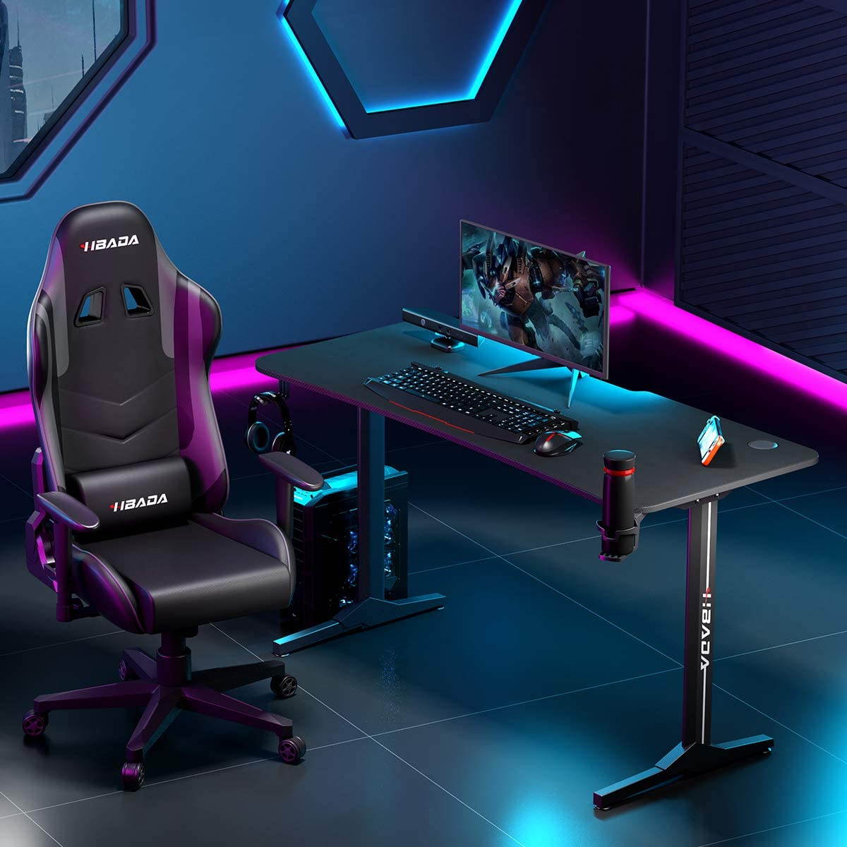 Gaming Desk 43.7 in Computer Desk Ergonomic Home Office Desk T-Shaped Racing Pro PC Gamer Desk with Full Cover Mousepad, Cup Holder and Headphone Hook, Black