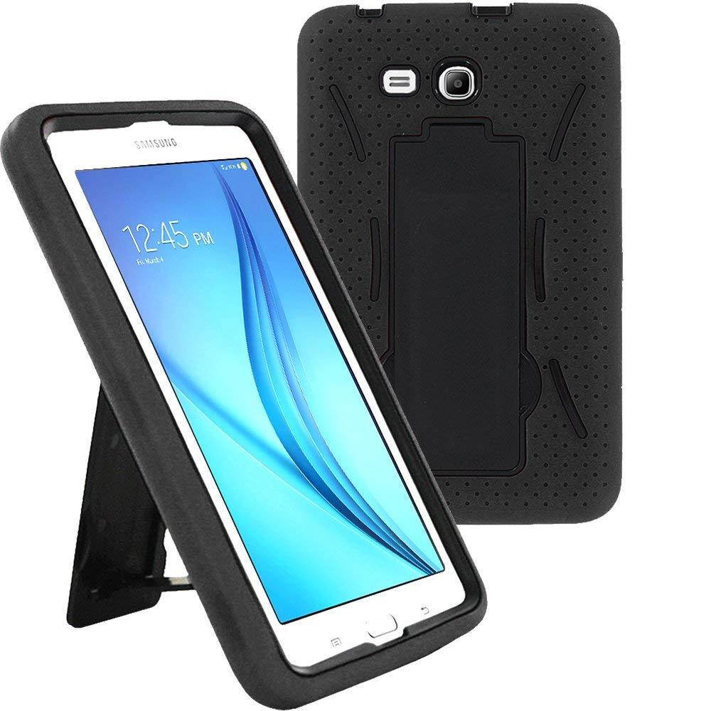 Samsung Galaxy Tab 3 7" LITE SM-T110 Drop Protection Hybrid Case Full Body Silicone Plastic Cover featuring Built-In Kickstand and Screen Protector - Black / Black by KIQ (TM)