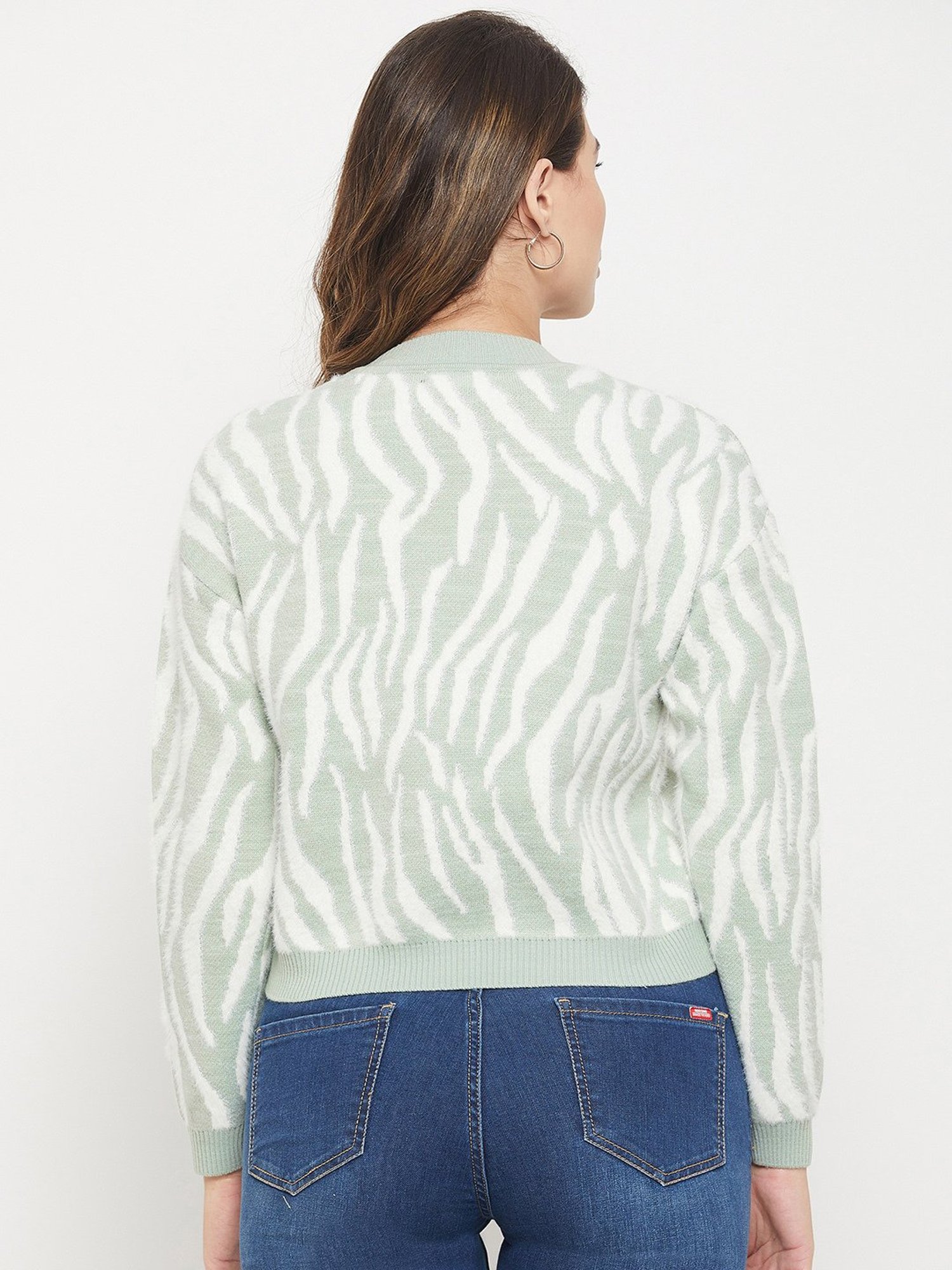 MADAME Mint Green & White Printed Sweater