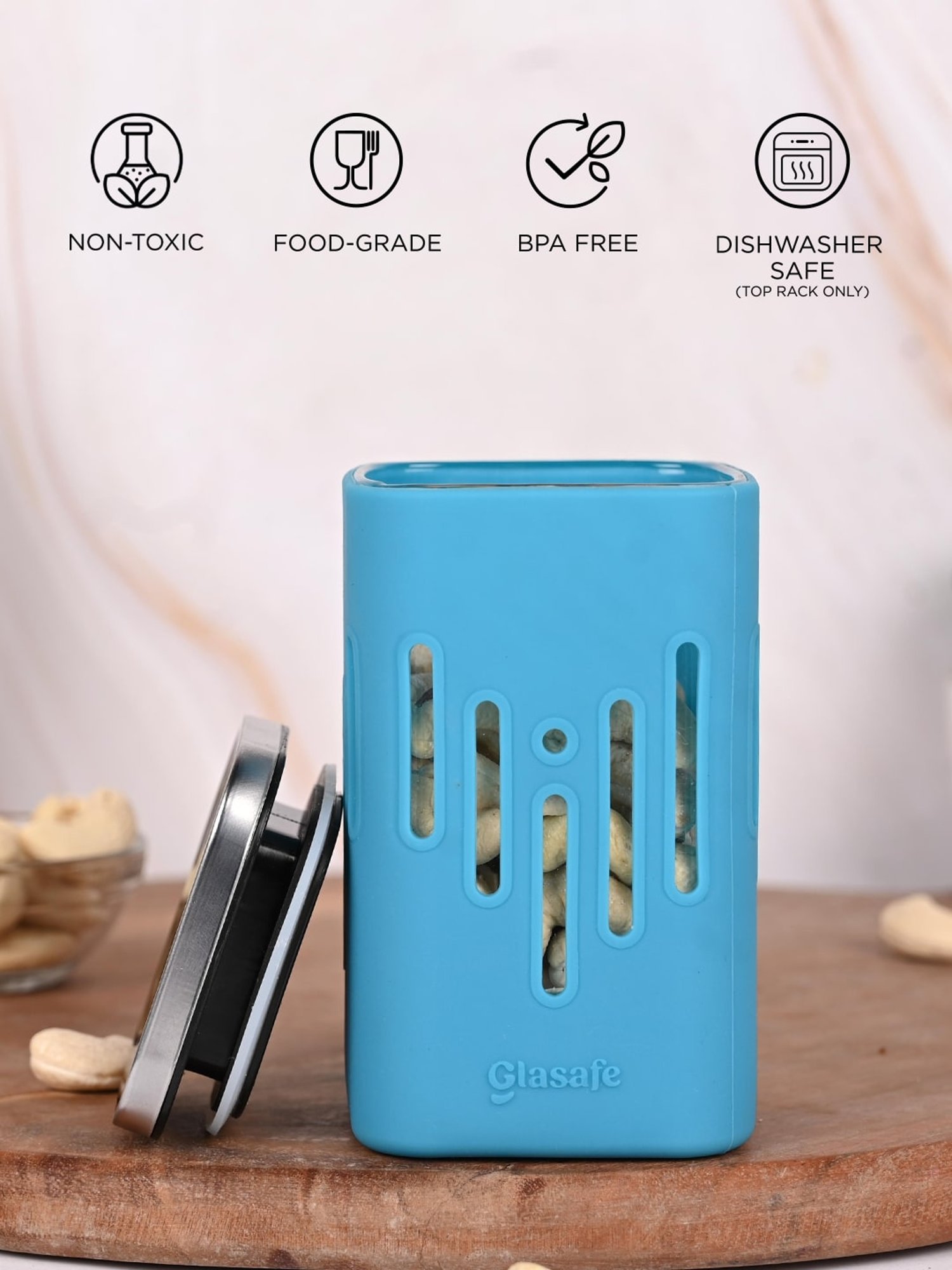 Glasafe 'O' Grip Tranquil Teal Borosilicate Containers - Set of 6 (250ml)