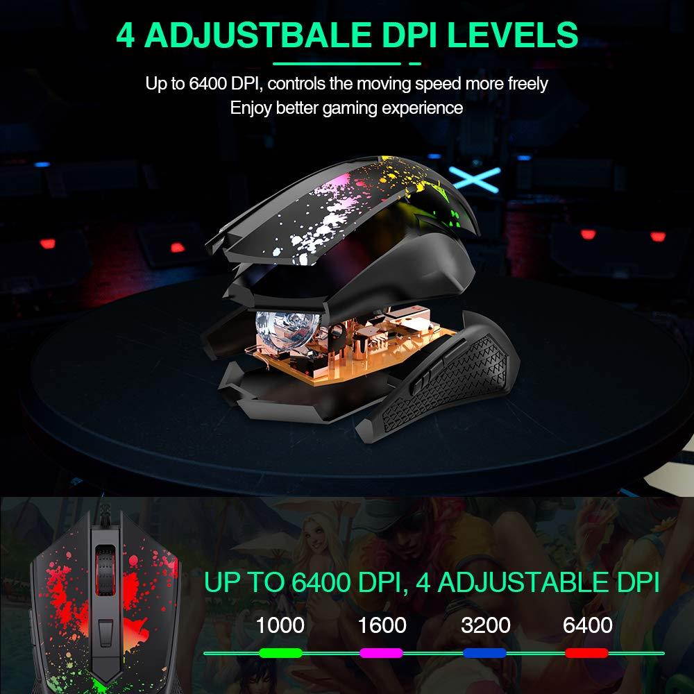 BENGOO Gaming Mouse Wired, USB Ergonomic Computer Mice with Chroma RGB Backlit, 6400 DPI Adjustable, 6 Programmable Buttons, Optical Laptop PC Gamer Gaming Mice with Weight Tuning