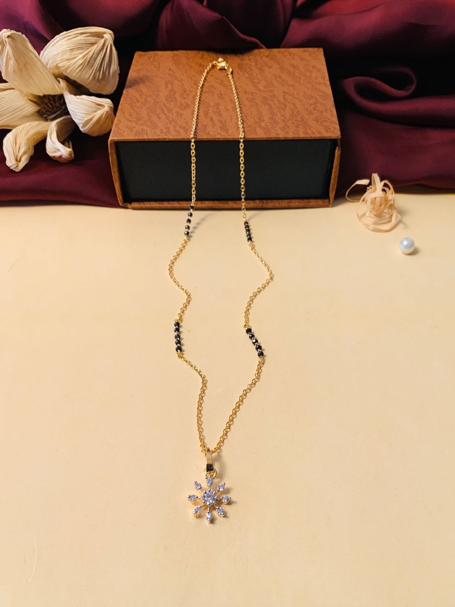Abdesigns Gold-Plated American Diamond & Black Beaded Mangalsutra