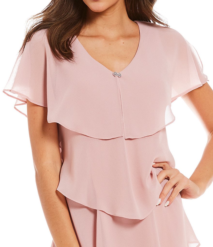 Kay Unger Long Bishop Sleeve V-Neck Crepe A-Line Dress