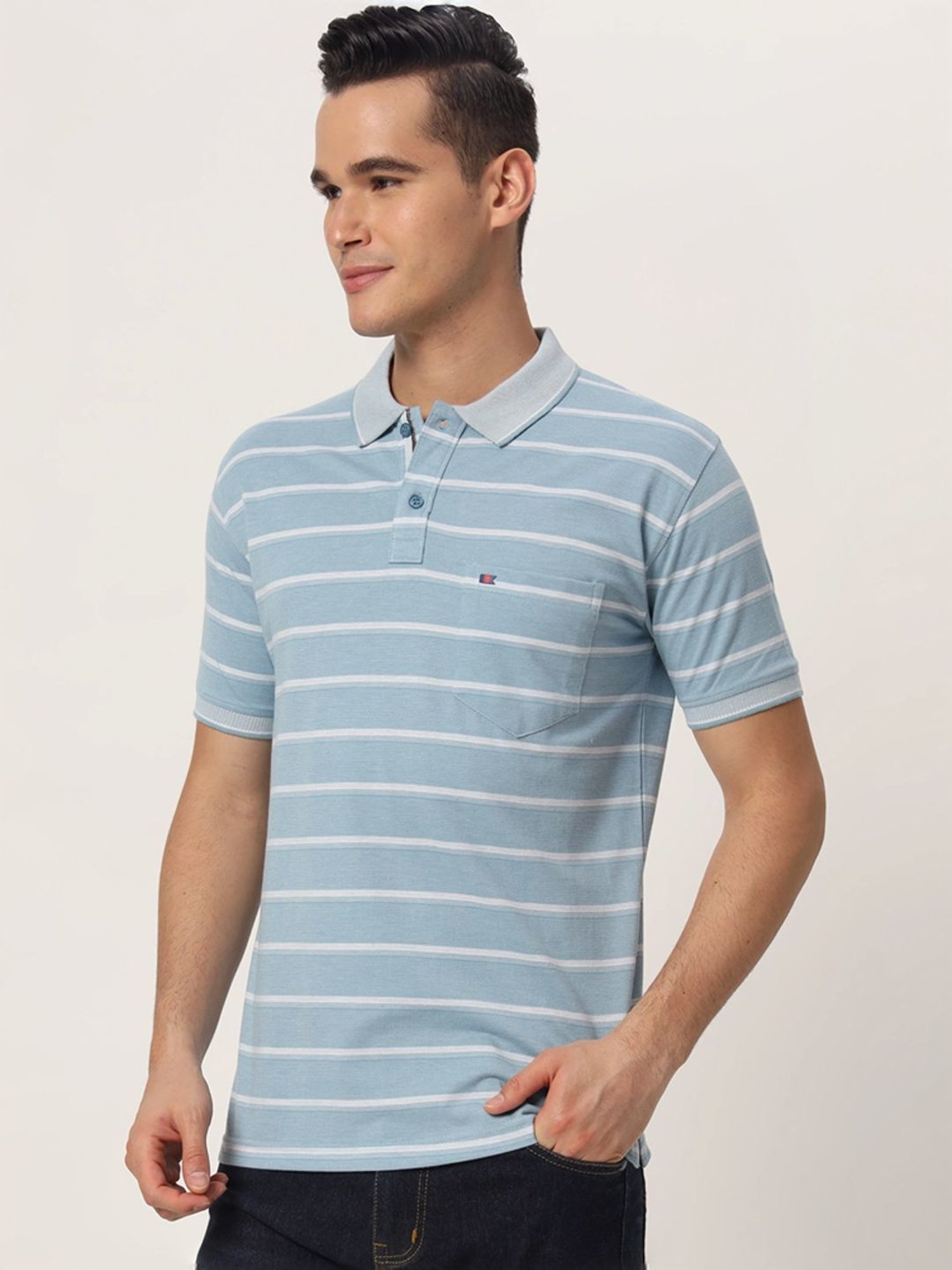 Tab91 Blue Regular Fit Striped Polo T-Shirts