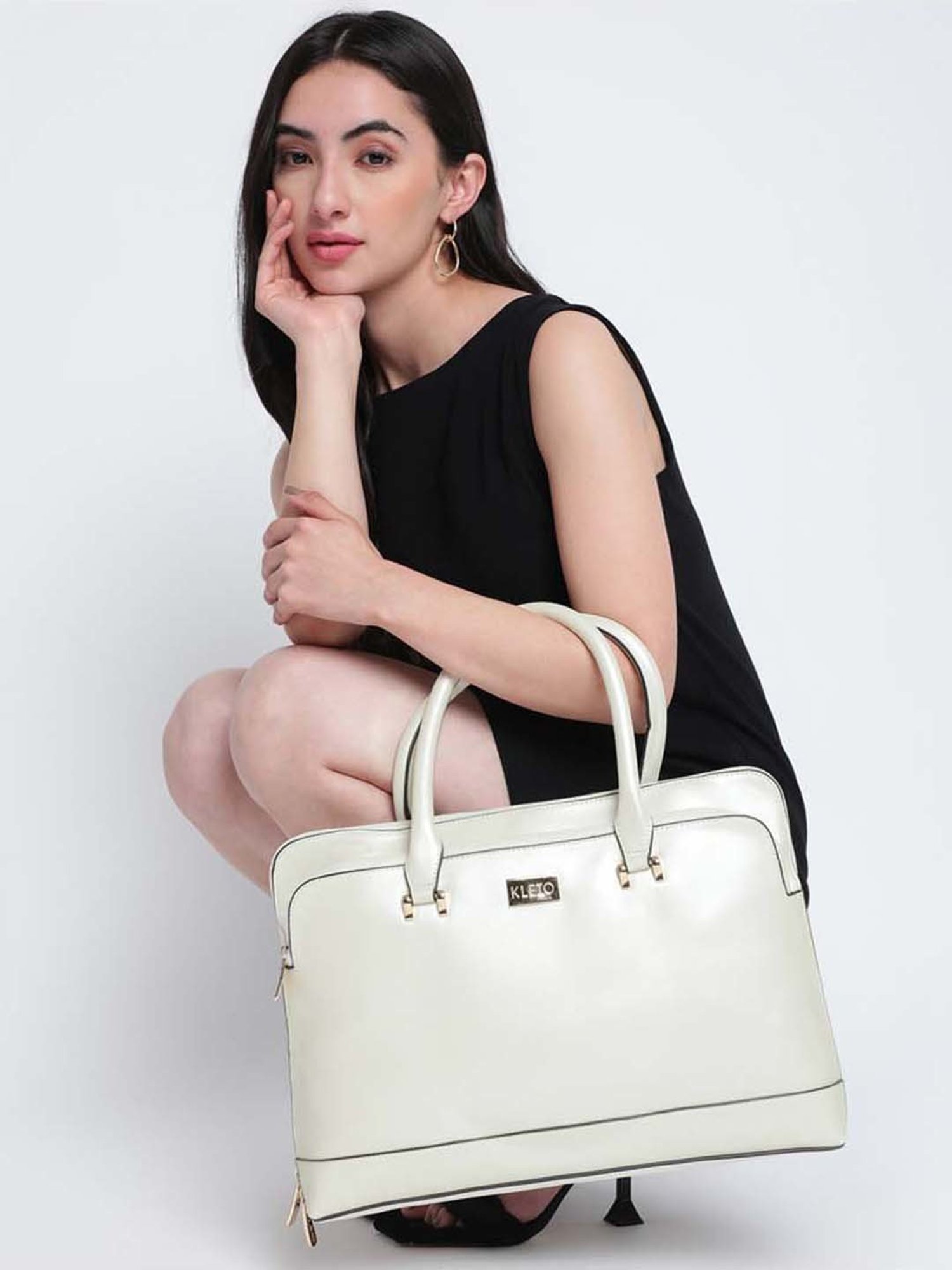 KLEIO Faux Leather White Medium Laptop Messenger Bag