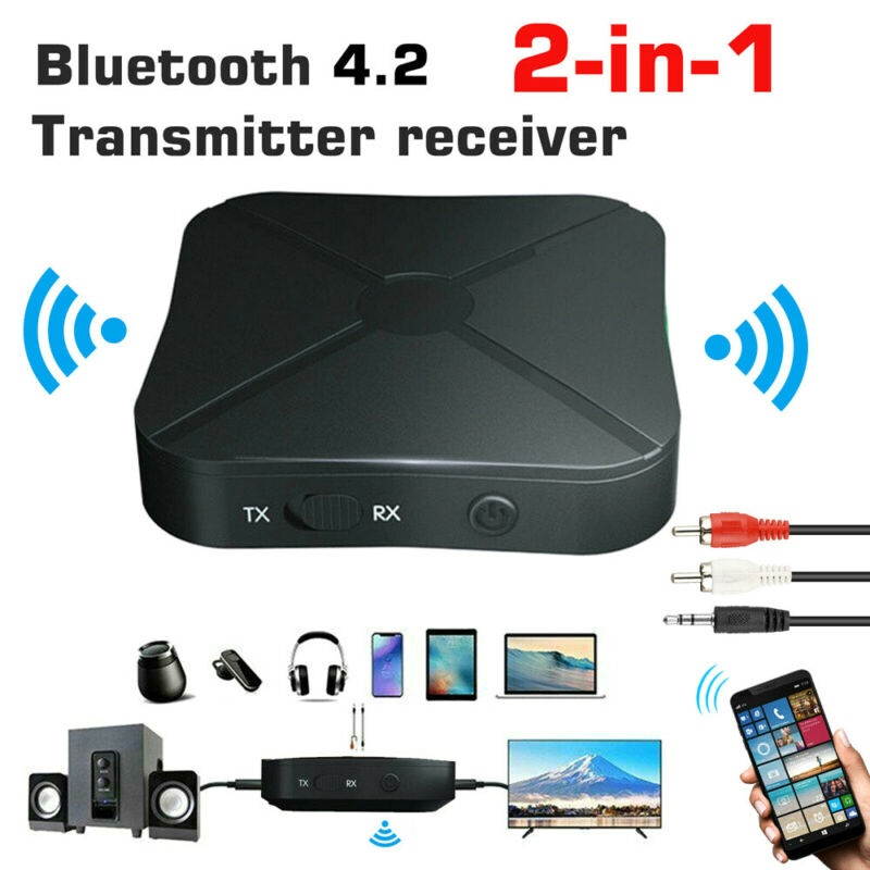 2 in 1 Bluetooth 5.0 Transmitter & Receiver Wireless Audio Adapter with 3.5mm Aux RCA Cable for TV Home Stereo Smartphone PC
