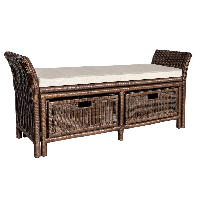 happimess Tropic 52" 2 Drawer Wicker Storage Bench wih Linen Cushion, Brown