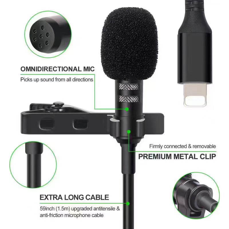 for iPhone Microphone Lavalier Lightning Mini Small Collar Clip on Lapel Mic Wired Condenser Microphone for iPhone 7 X XR 11