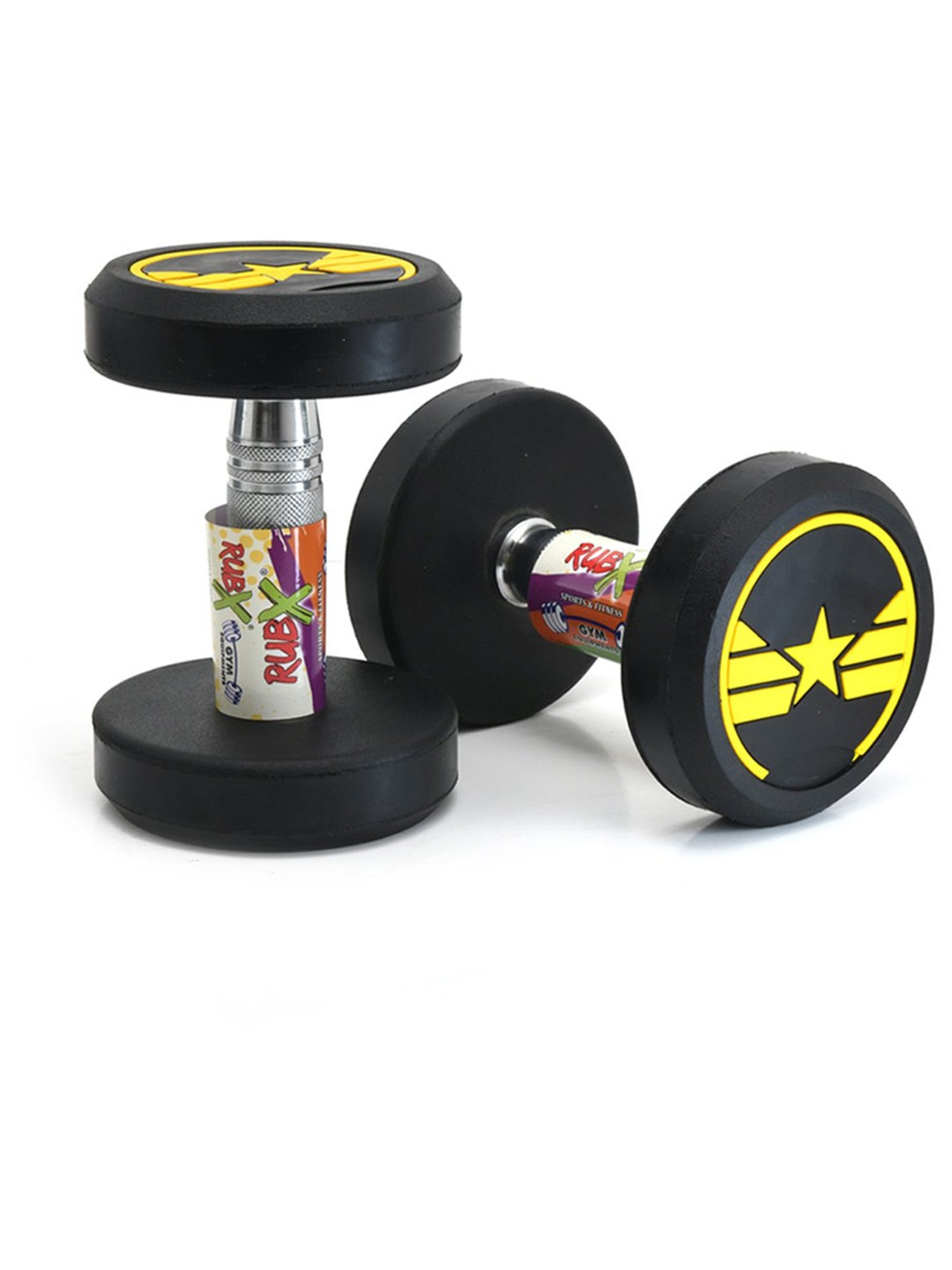 RUBX Rubber Coated Professional Round Dumbbells (STAR) (YELLOW, 5 KG PAIR)