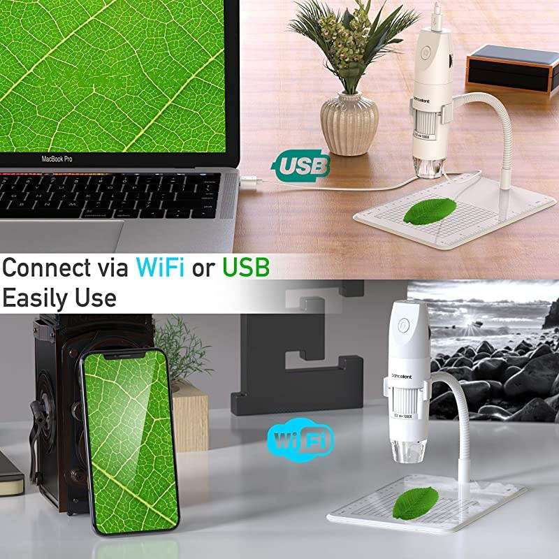 Wireless Digital Microscope  1080P 50X to 1000X Magnification Microscopy with 8 LED USB Handheld Camera with Light Compatible for iPhone Android iPad Windows MacWhite