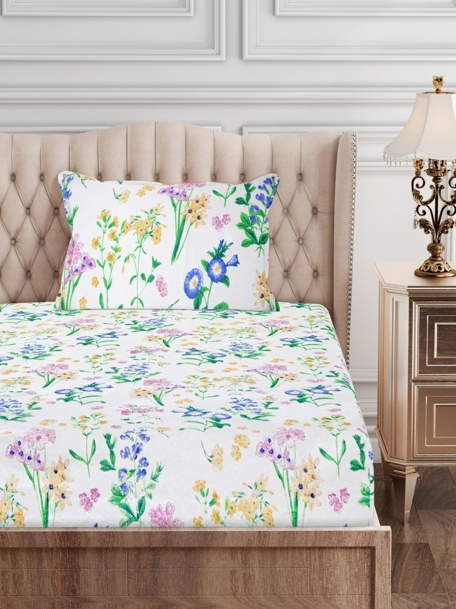 SEJ by Nisha Gupta Floral Purple 160 TC Cotton Single Bed Sheet with 1 Pillow Cover