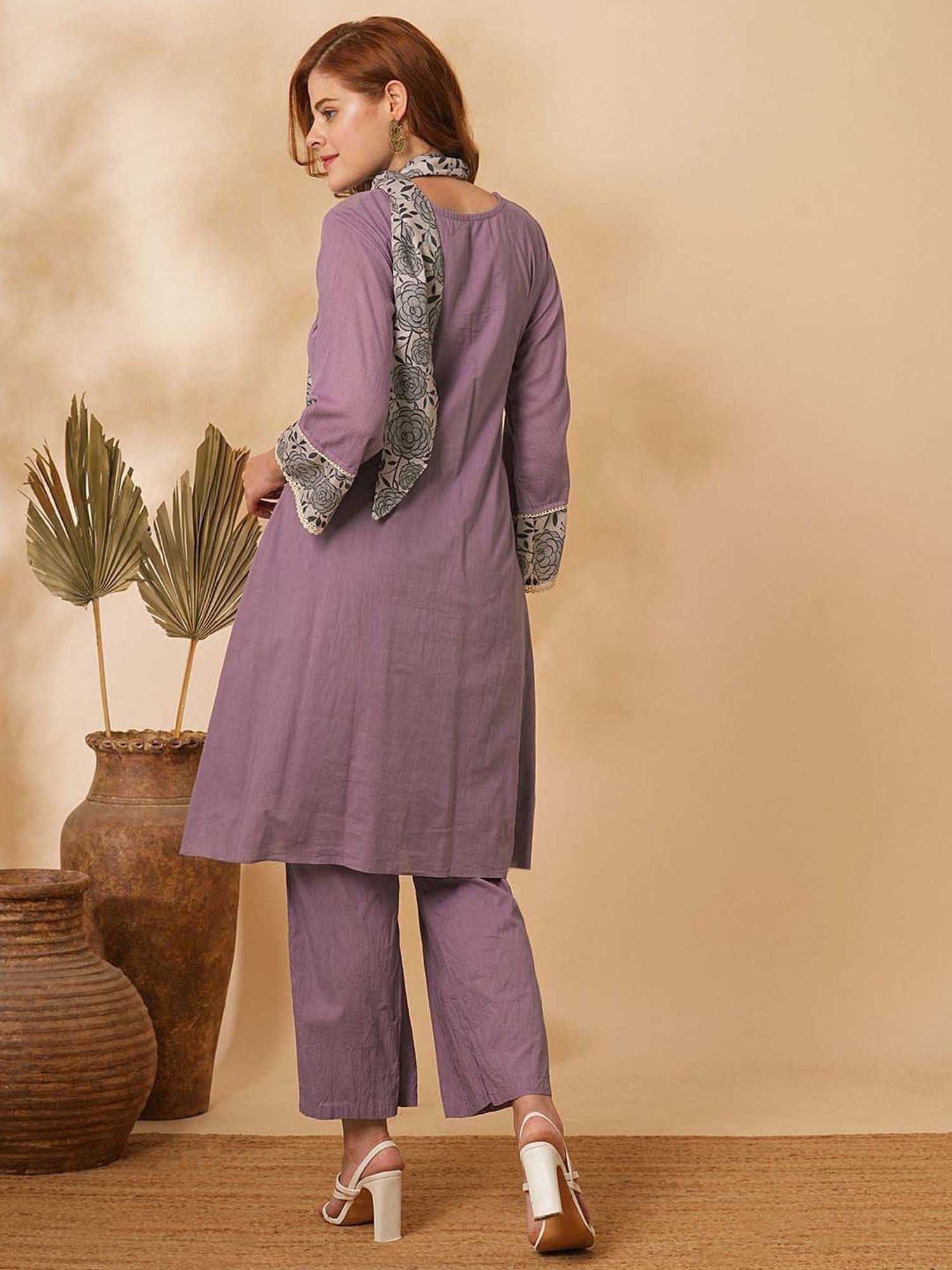 Fashor Purple Cotton Embroidered Kurta & Pant Set