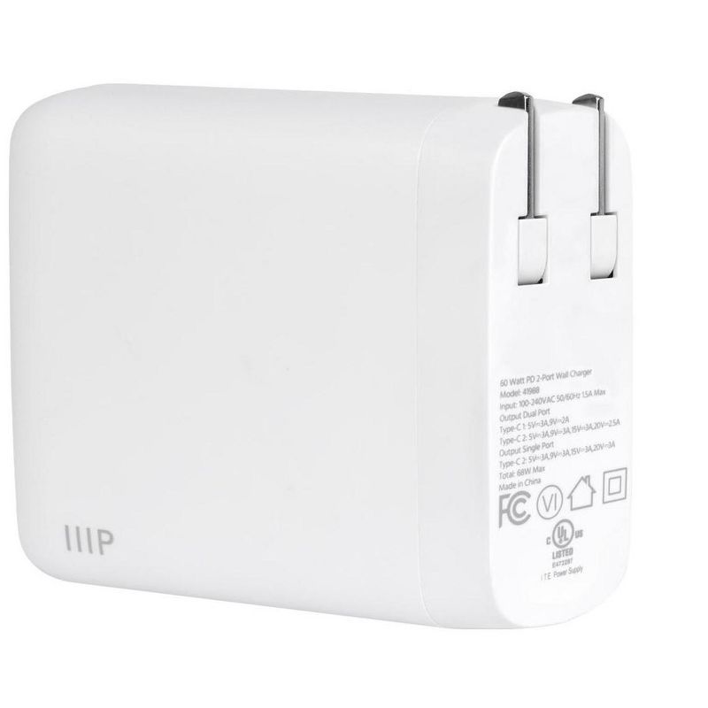 Monoprice USB-C Charger, 68W 2-port PD GaN Technology Wall Charger White, for MacBook Pro/Air, iPad Pro, iPhone 12/11/Pro/Max/XR/XS/X, Pixel, Galaxy