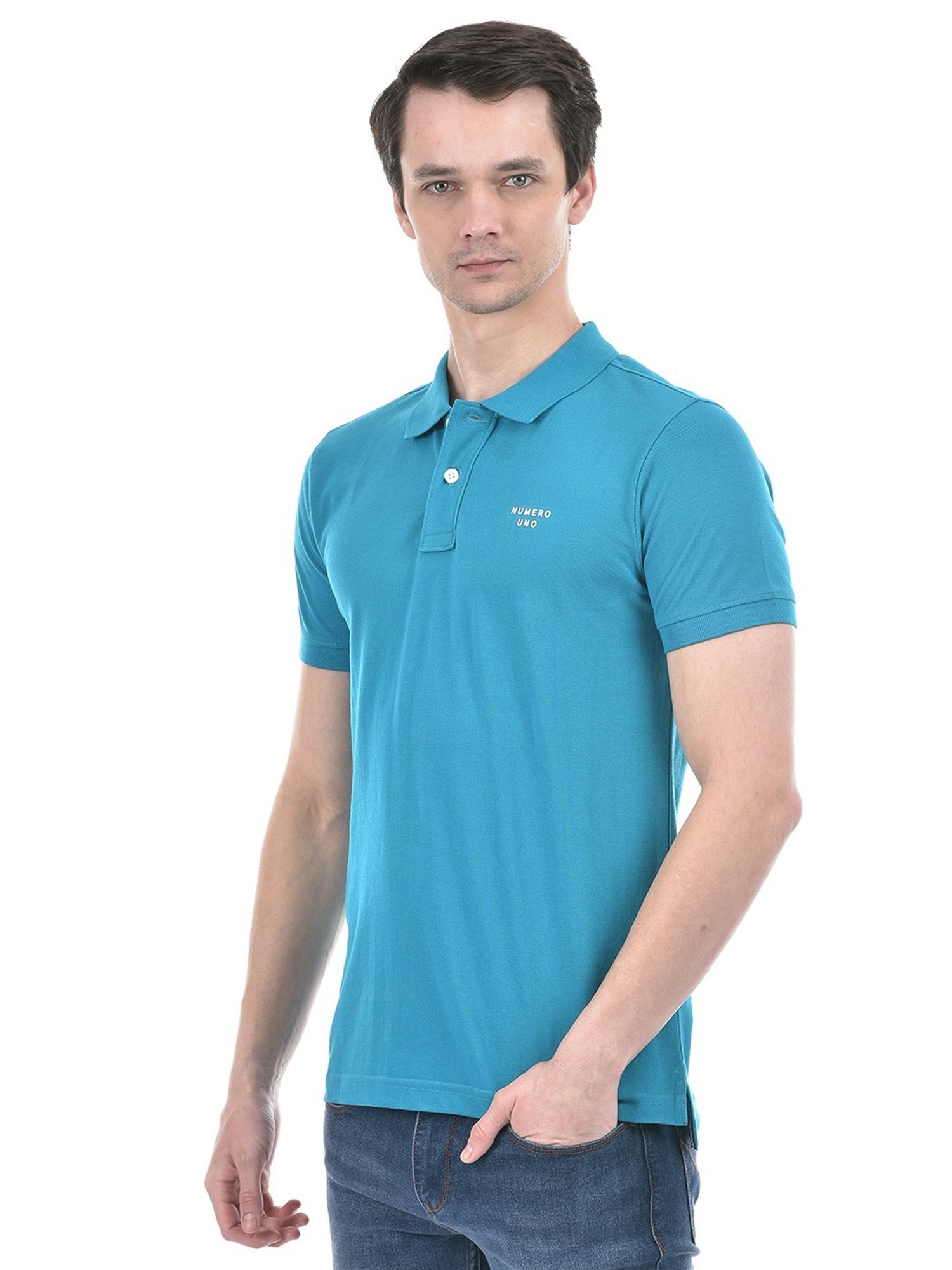 Numero Uno Teal Cotton Slim Fit Polo T-Shirt