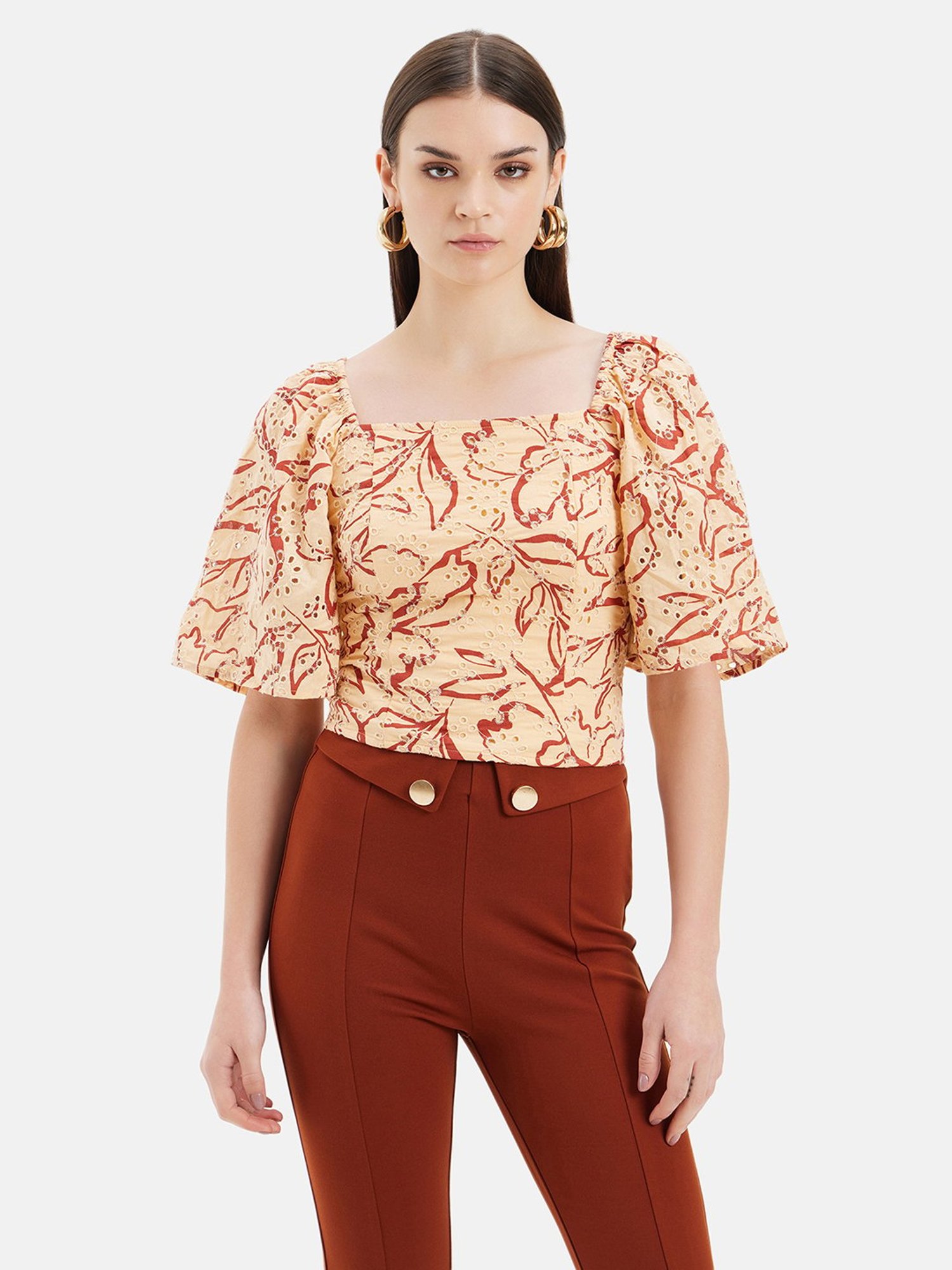 Kazo Beige & Rust Self Design Top