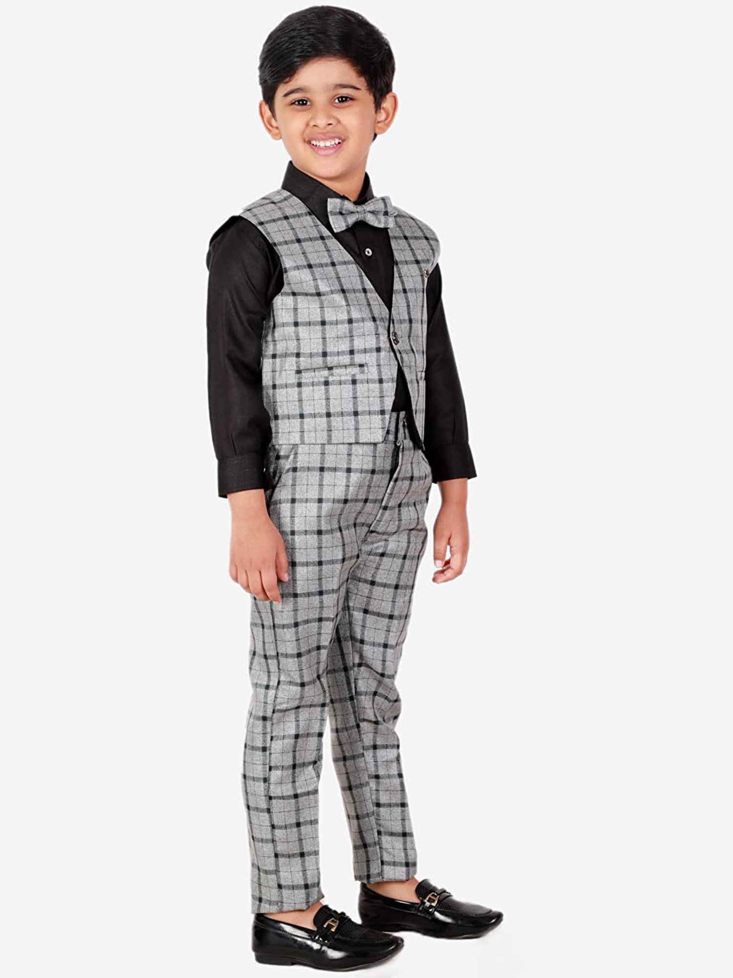 Pro-Ethic Style Developer Kids Grey & Black Checks Full Sleeves Shirt, Waistcoat, Pants with Bow