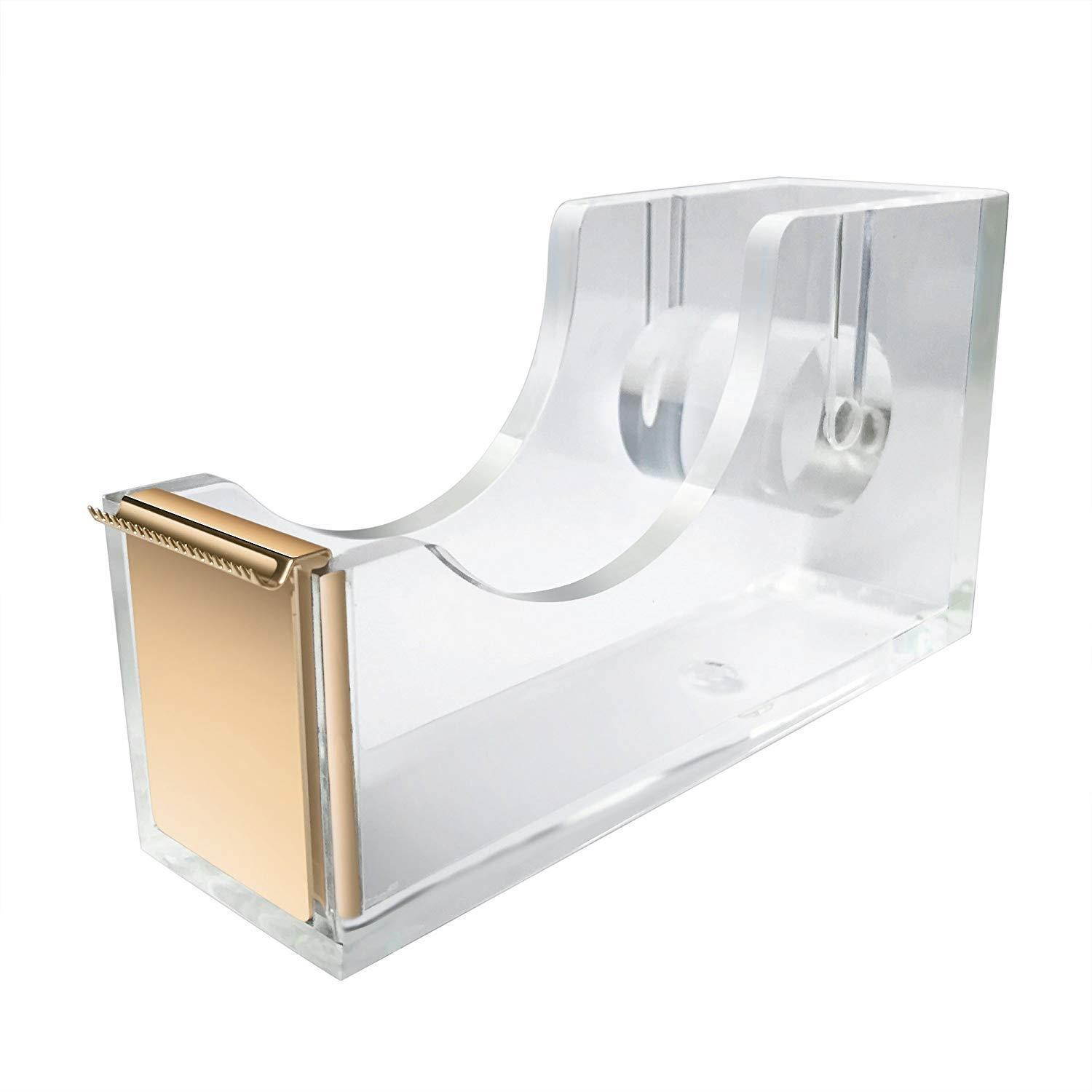UNIQOOO 5 Count Super Thick Clear Acrylic Gold Finish Stationery Set - Desk Stapler, Pen Holder, Tape Dispenser, Memo Case, Paper Clips- Great for Modern Office, Arts Lover, Calligrapher, Xmas Gift