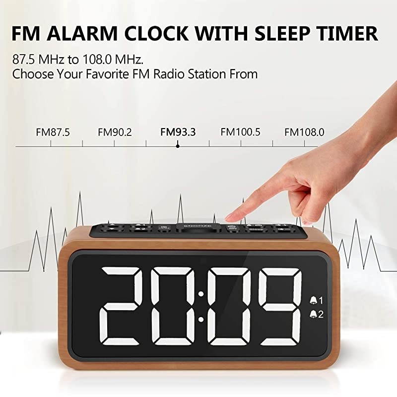 Alarm Clock, Large LED Display Wood Digital FM Alarm Clock, Adjustable Brightness Dimmer and Snooze, Simple LED Clock with Dual Alarm, 12/24 Hour, Powered by AC Adapter (White LED)