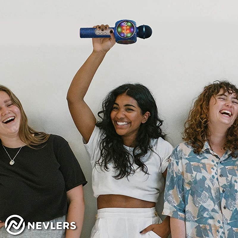 Karaoke Microphone with Wireless Bluetooth Speaker, Voice Changer and Colorful LED Lights, Easy to Use Portable Karaoke Machine for Kids and Adults - Blue Bling