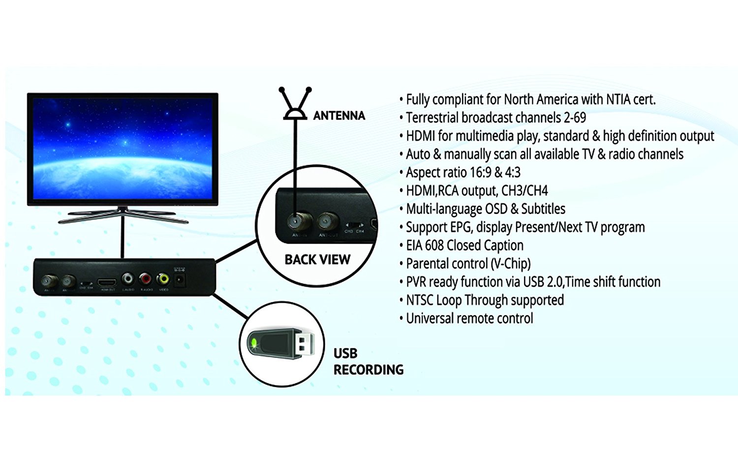 KORAMZI HDTV Digital TV Converter Box ATSC with USB Input for Recording and Media Player (Latest Edition) CB-107