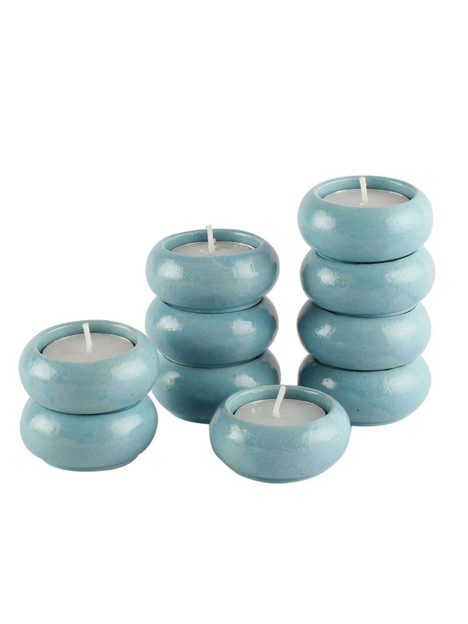 VarEesha Earthen Sparkle Blue Ceramic Tea Light Holder - Set of 10