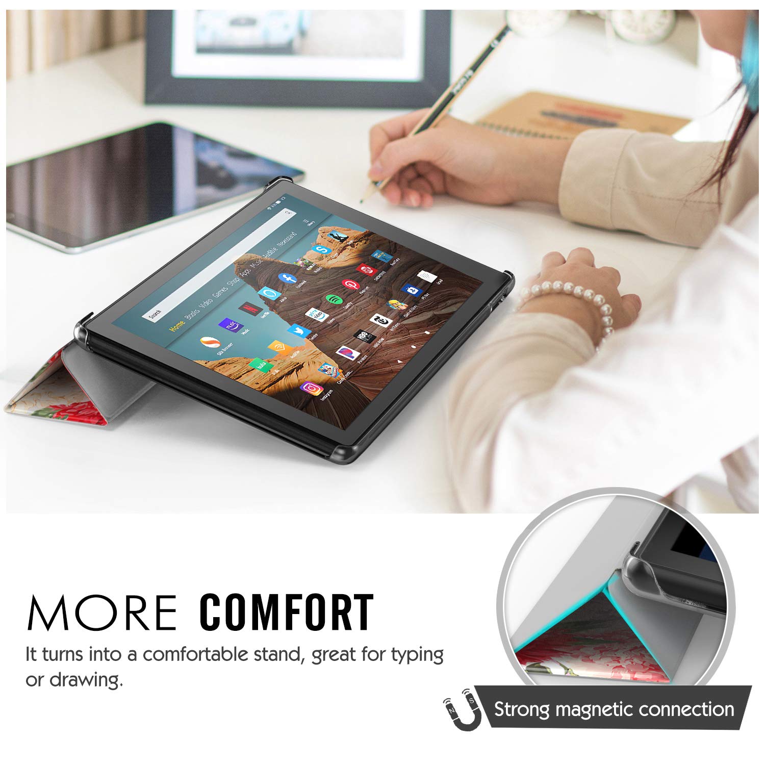 MoKo Case Fits All-New Fire HD 10 (7th Generation and 9th Generation, 2017 and 2019 Release), Smart Shell Stand Cover with Translucent Frosted Back for Fire HD 10.1 Inch - Flowers Blossom