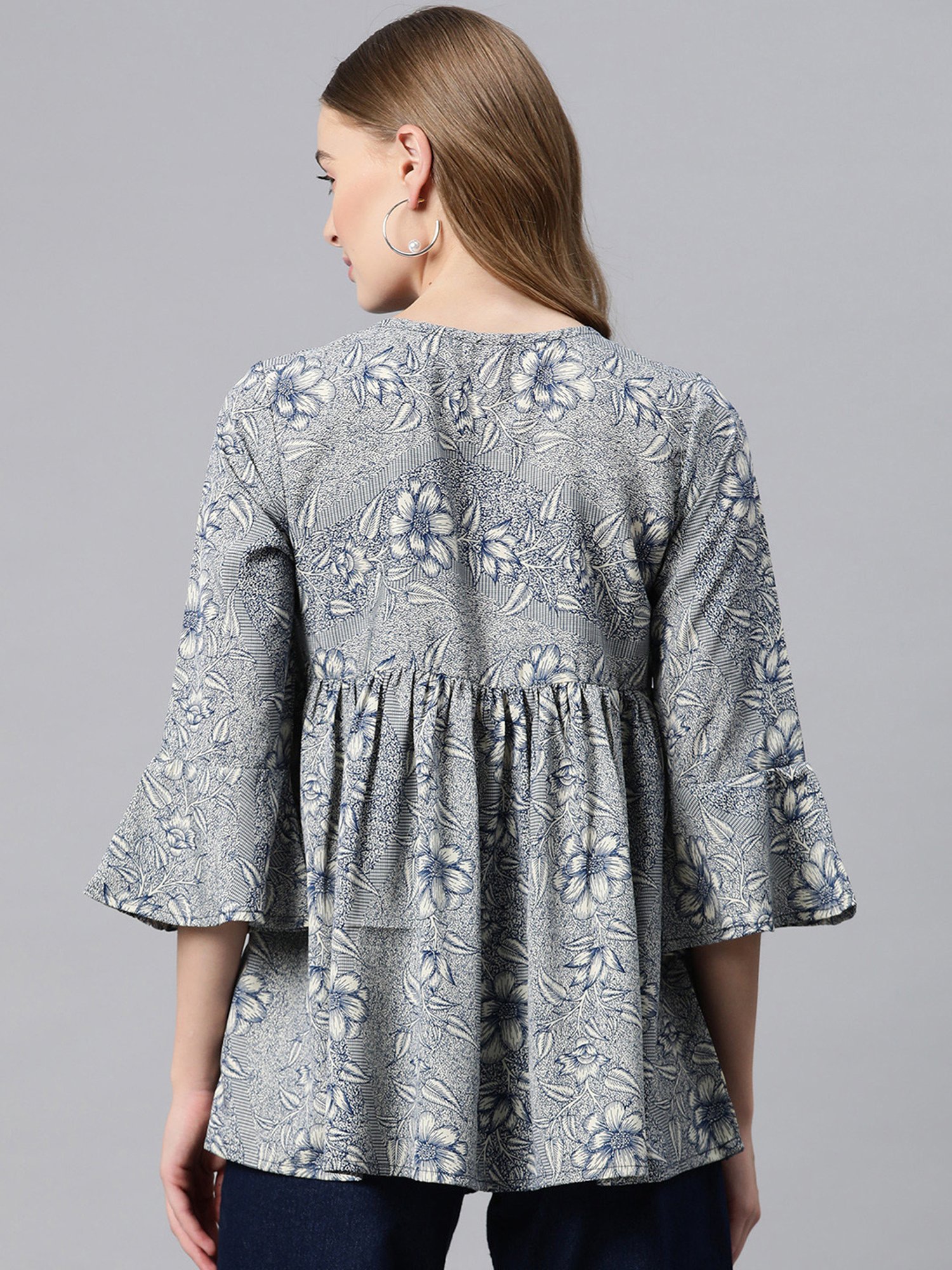 Cottinfab Blue & Cream Floral Print Top