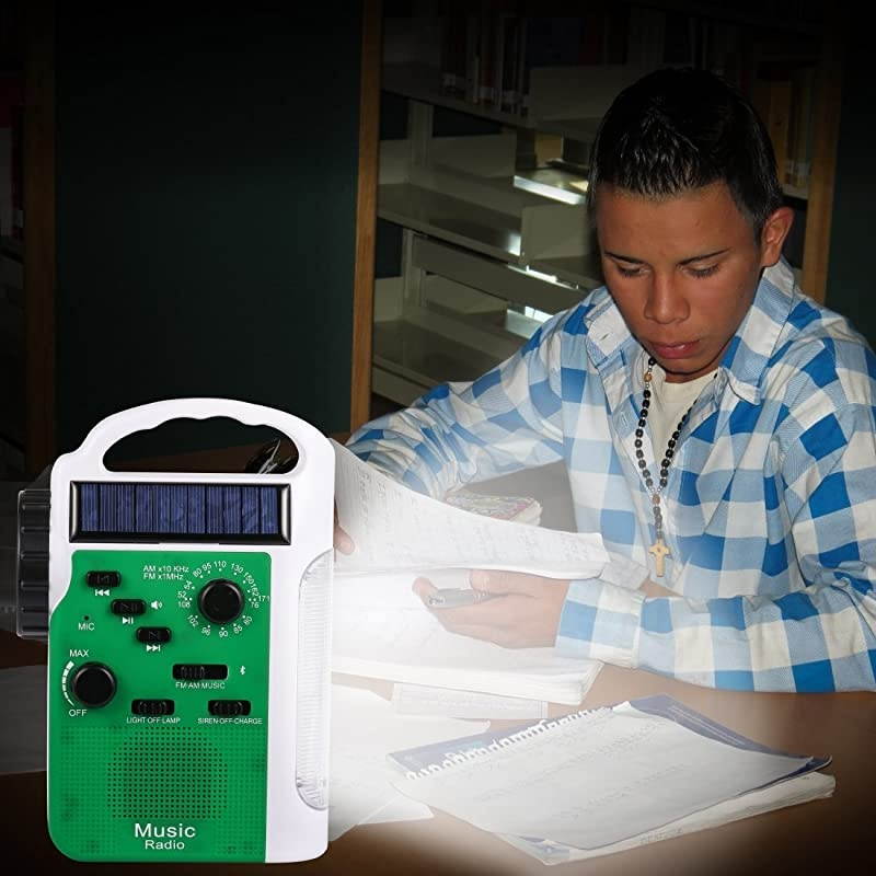 4Way Powered LED Camping Lantern LED Flashlight Emergency AMFM Radio Siren with Solar and Crank MP3 Player Bluetooth Speakers 2300 mAh Power Bank Phone ChargerGreen