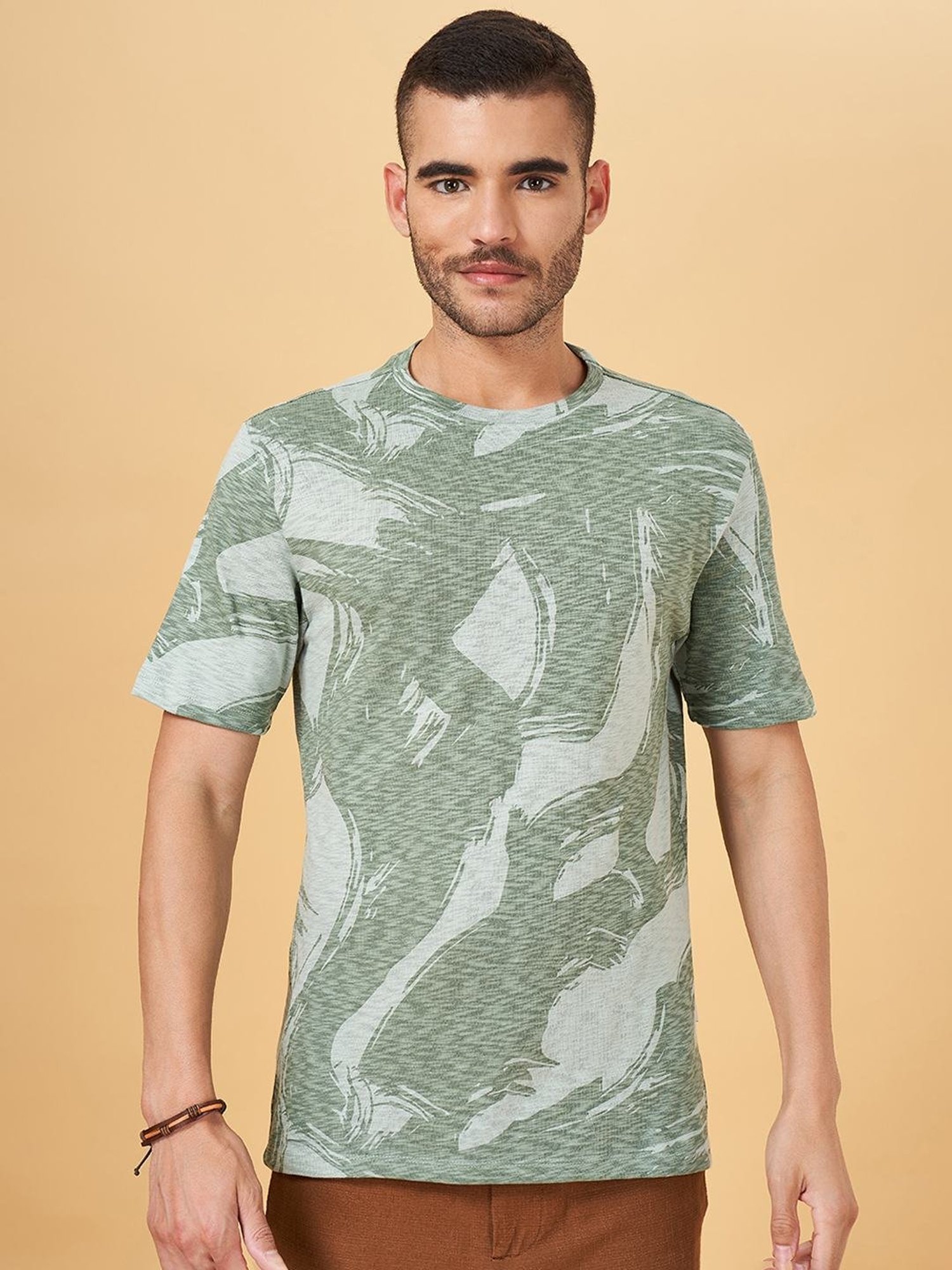 7 Alt by Pantaloons Sage Green Cotton Relaxed Fit Printed T-Shirt