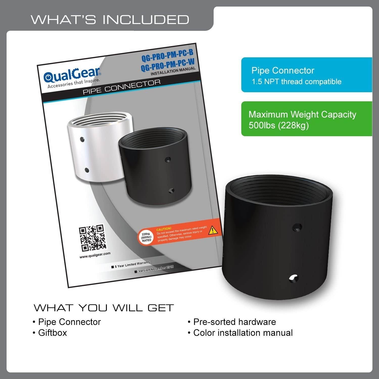 QualGear QG-PRO-PM-PC-B Pro-AV 1.5" Npt Threaded Pipe Connector Projector Accessory