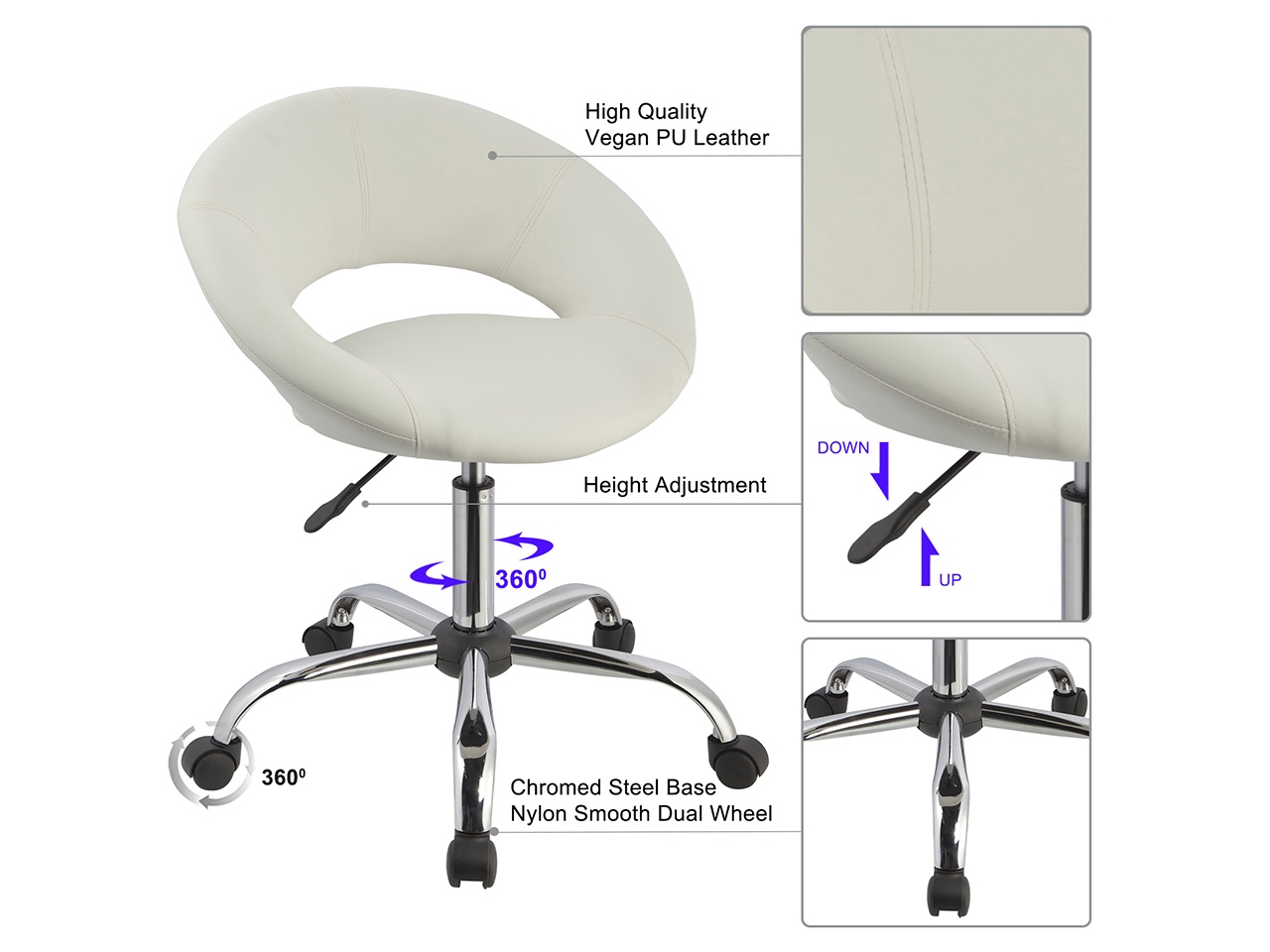 Swivel Height Adjustable Office Chair PU Leather Task Chairs Stool with Wheels